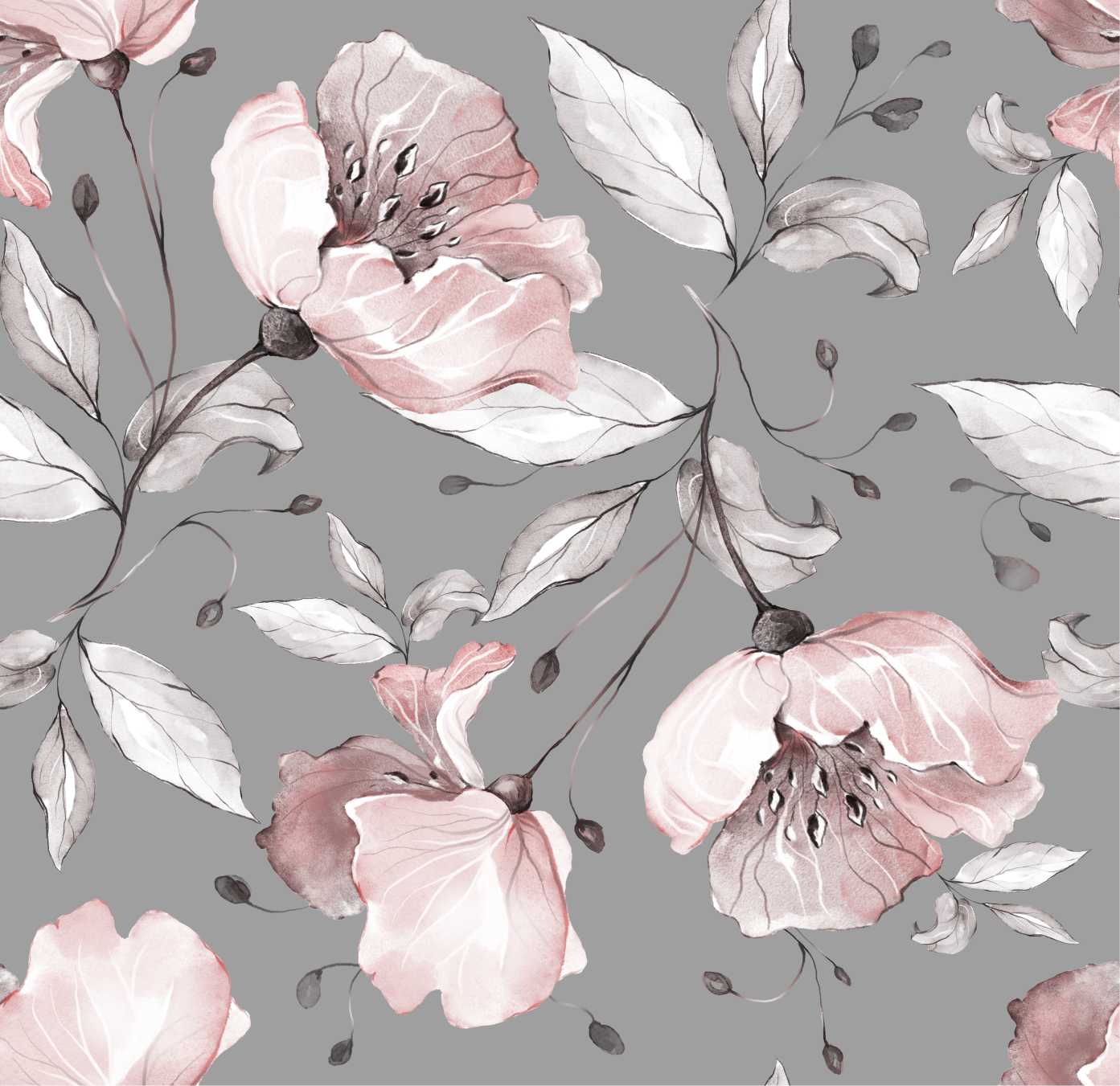 PAPEL PAREDE FOLHAGEM FLORES E FOLHAS AQUARELA TUDO CINZA