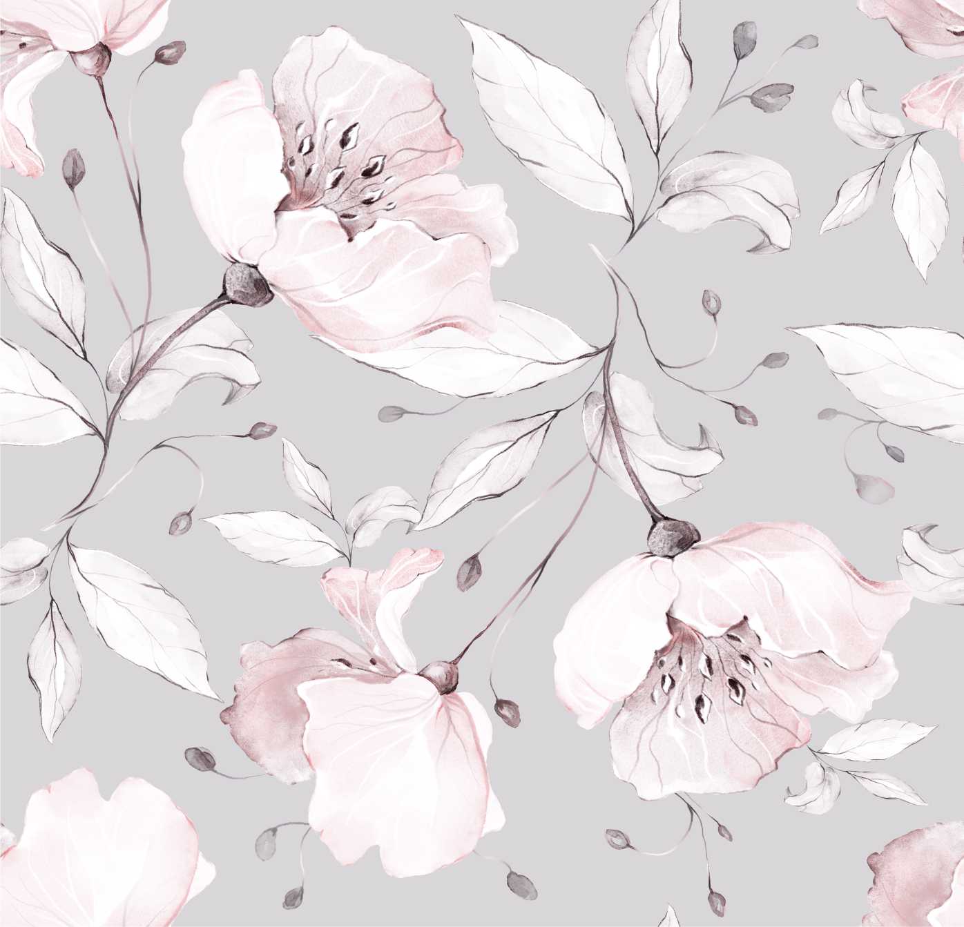 PAPEL PAREDE FOLHAGEM FLORES E FOLHAS AQUARELA TUDO CINZA