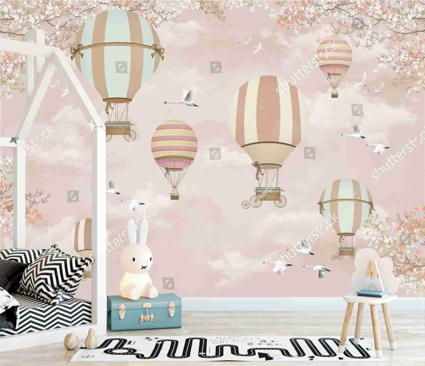 PAPEL PAREDE BALÕES COM PÁSSAROS FUNDO ROSA CHÁ