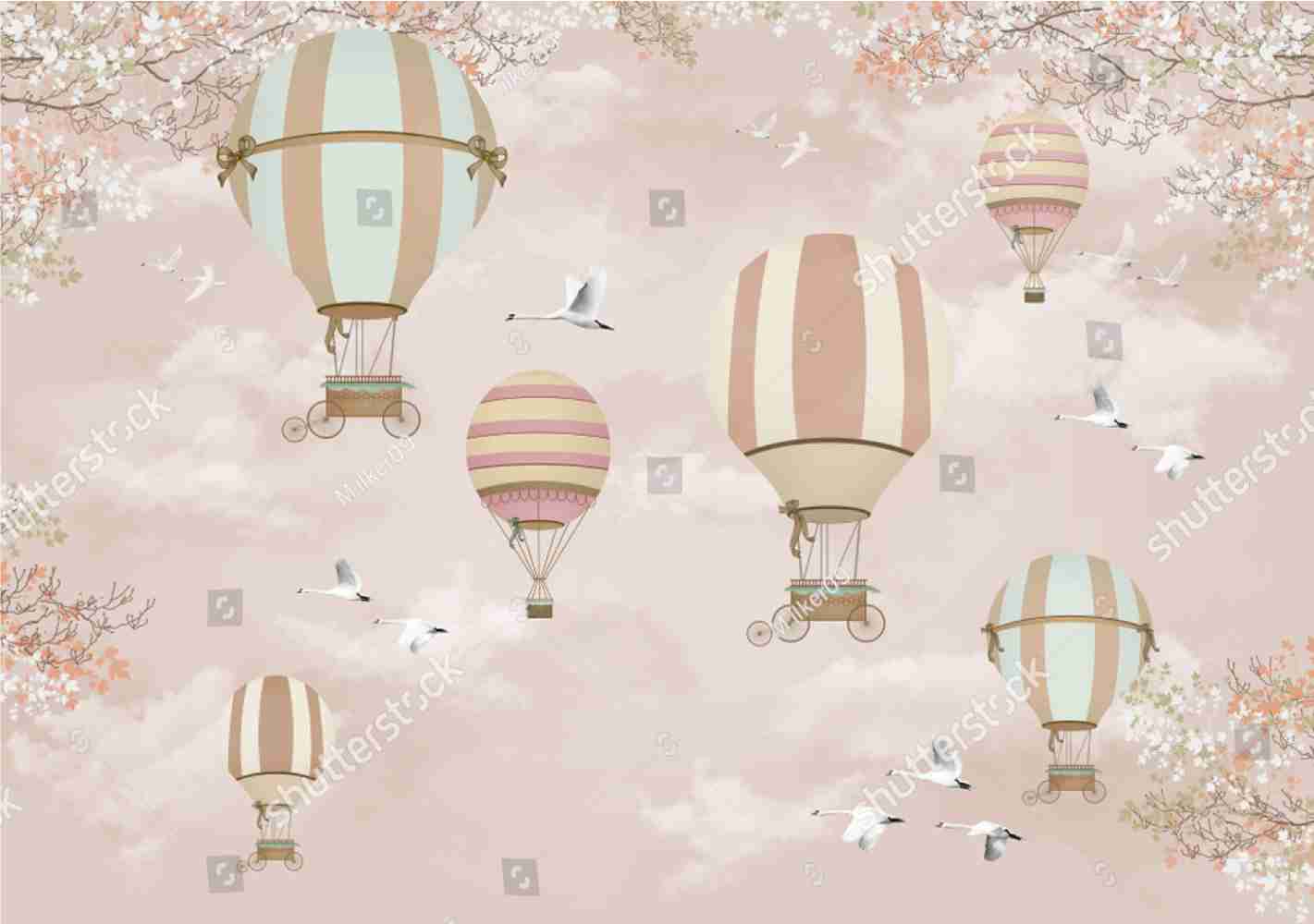 PAPEL PAREDE BALÕES COM PÁSSAROS FUNDO ROSA CHÁ