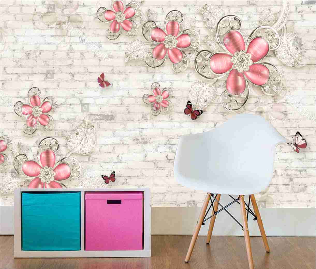 PAPEL PAREDE TIJOLOS COM FLORESE BORBOLETAS EFEITO 3D