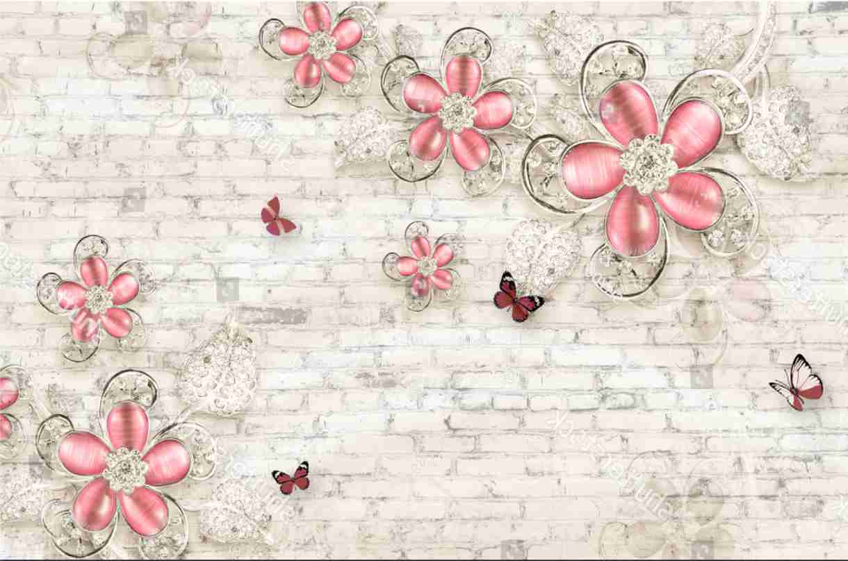 PAPEL PAREDE TIJOLOS COM FLORESE BORBOLETAS EFEITO 3D