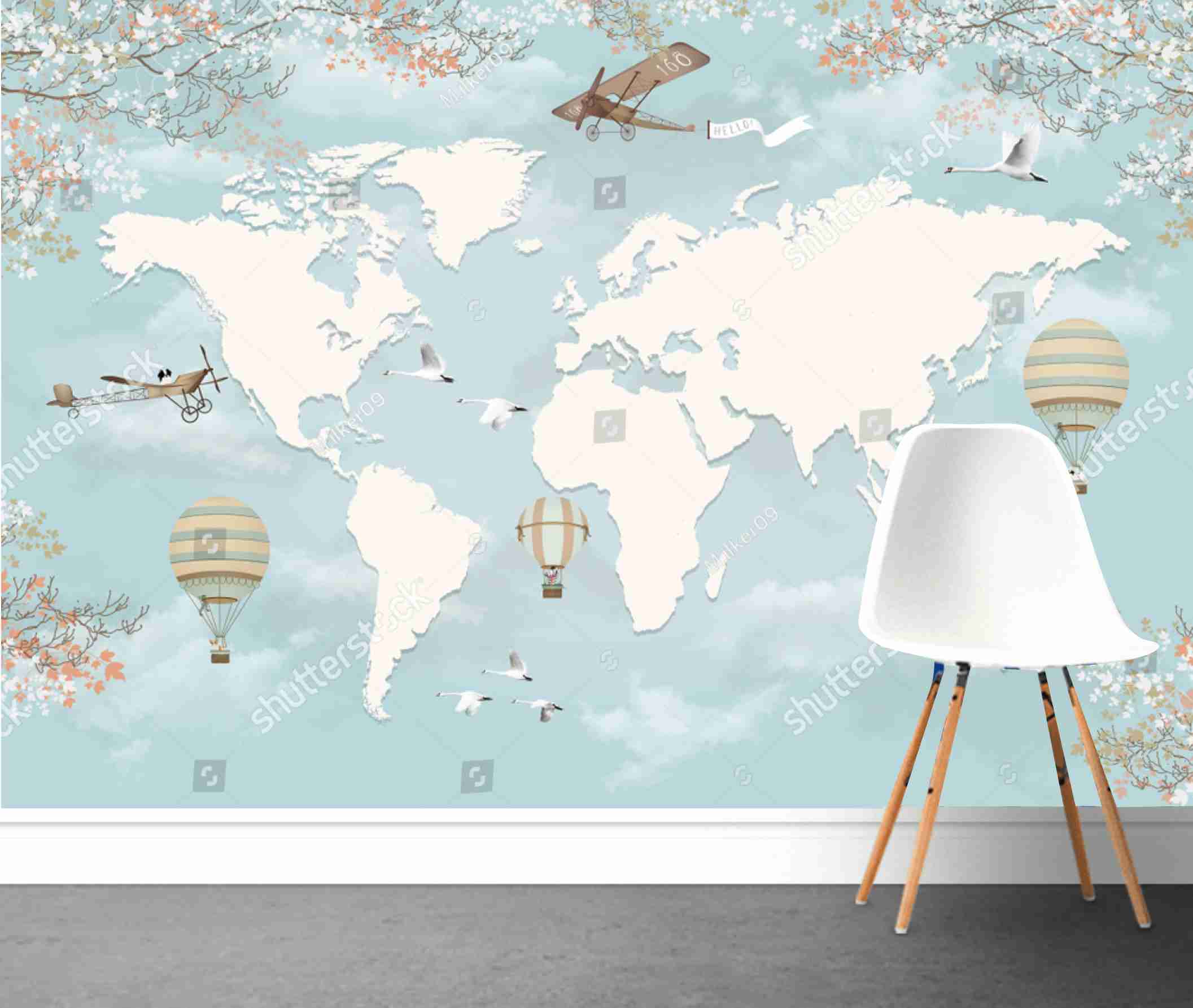 PAPEL PAREDE MAPA MUNDI ( MUNDO ) AVIÕES E BALÕES
