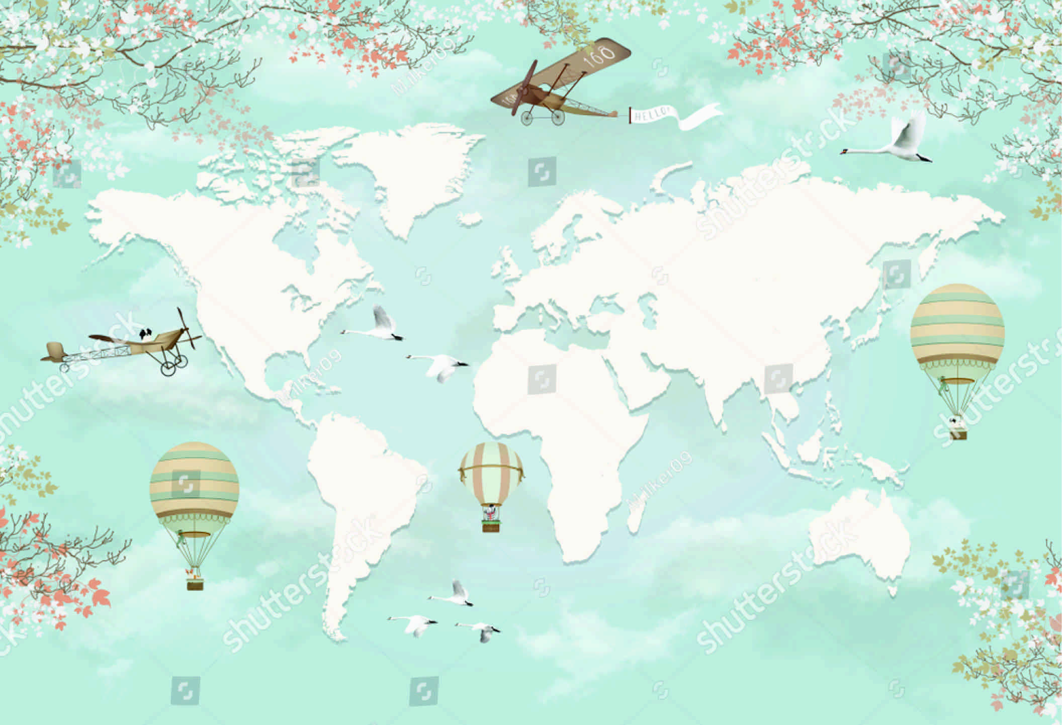 PAPEL PAREDE MAPA MUNDI ( MUNDO ) AVIÕES E BALÕES