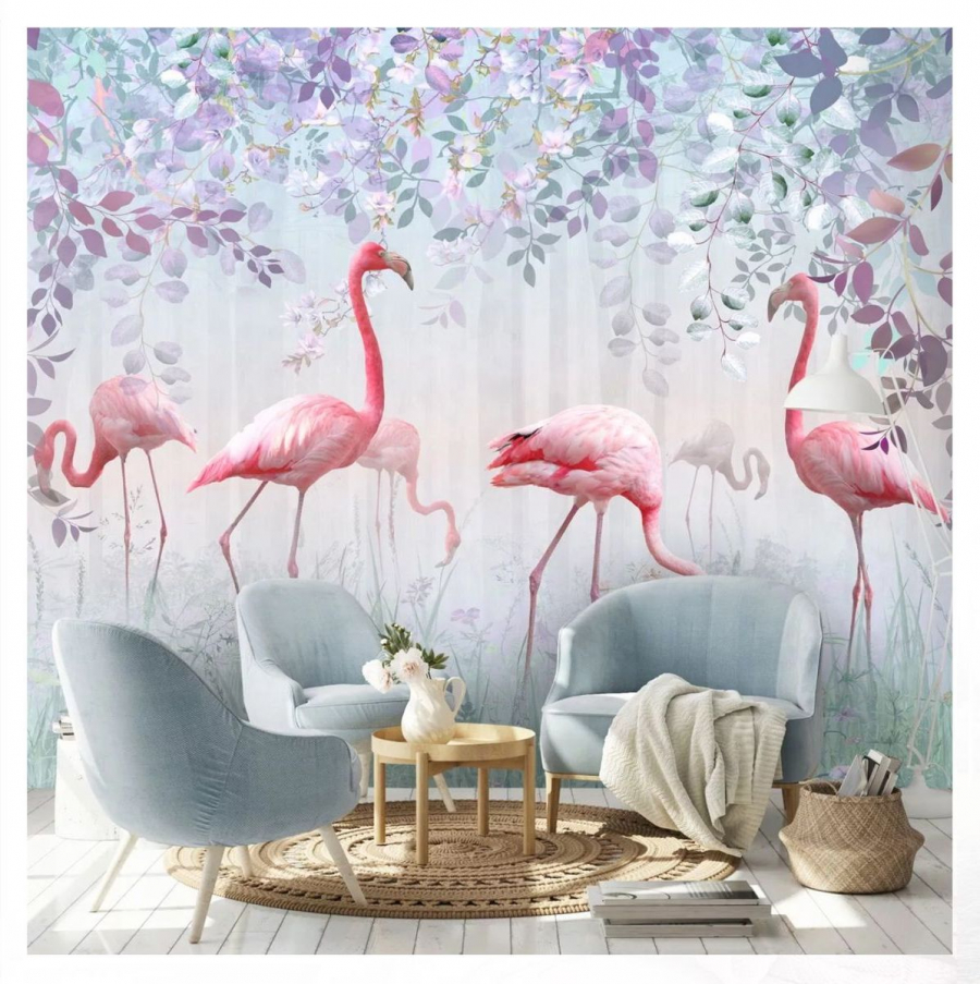PAPEL PAREDE FLAMINGOS 3D