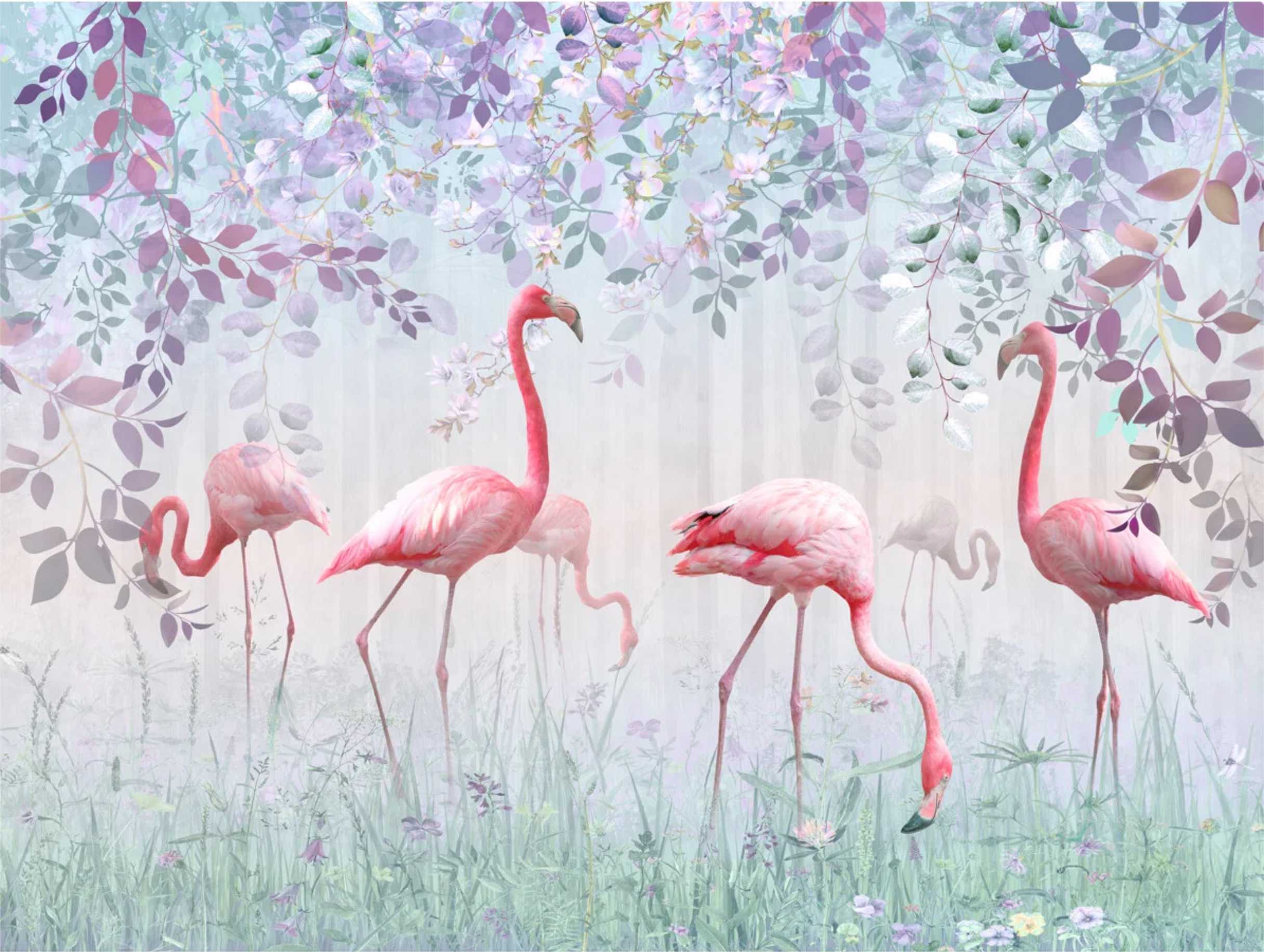 PAPEL PAREDE FLAMINGOS 3D