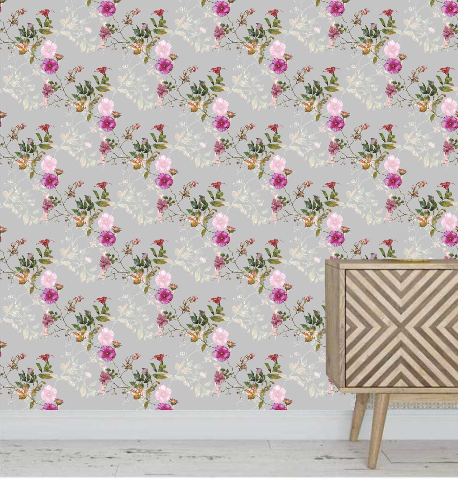 PAPEL PAREDE FLORES COM FUNDO CINZA