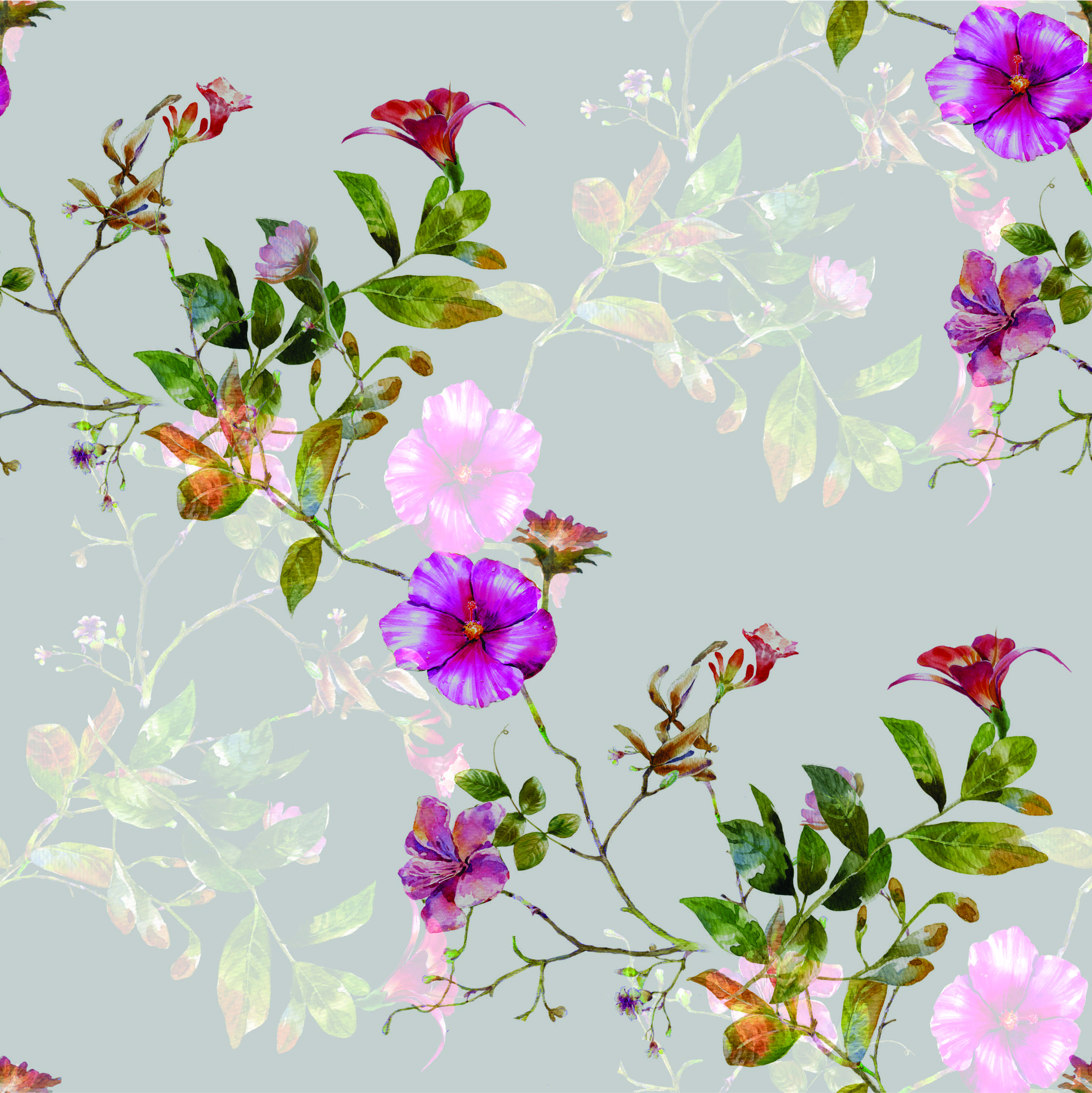 PAPEL PAREDE FLORES COM FUNDO CINZA