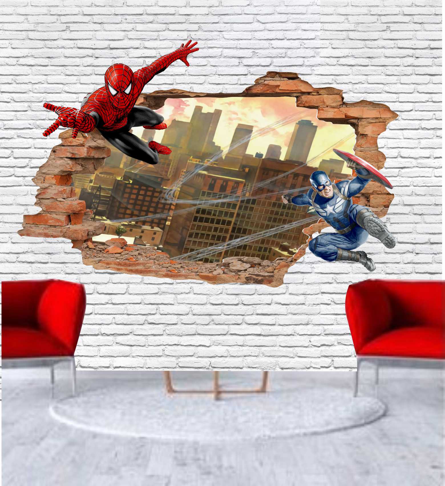 PAPEL DE APREDE HOMEM ARANHA E HOMEM DE FERRO - FUNDO TIJOLO BRANCO 3D