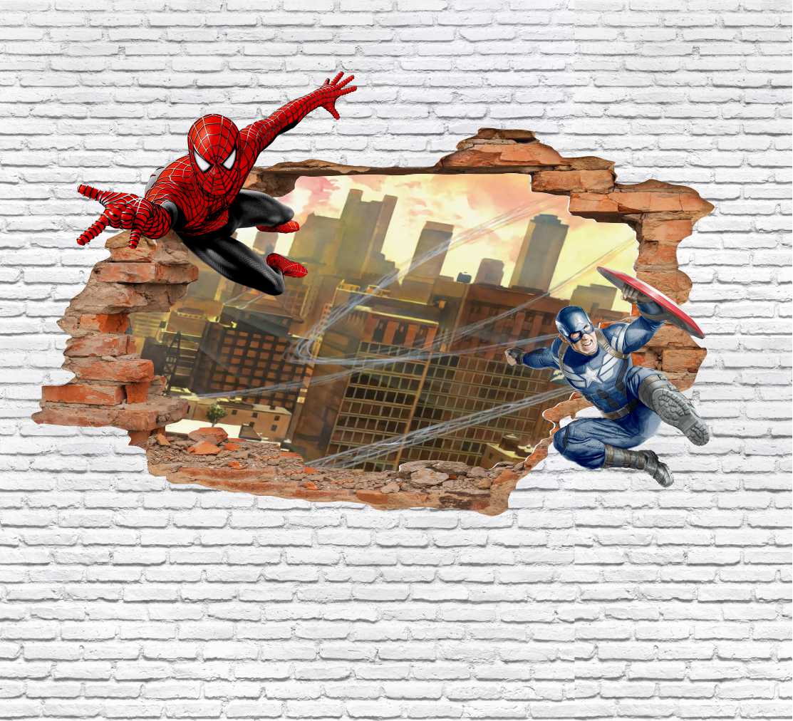 PAPEL DE APREDE HOMEM ARANHA E HOMEM DE FERRO - FUNDO TIJOLO BRANCO 3D