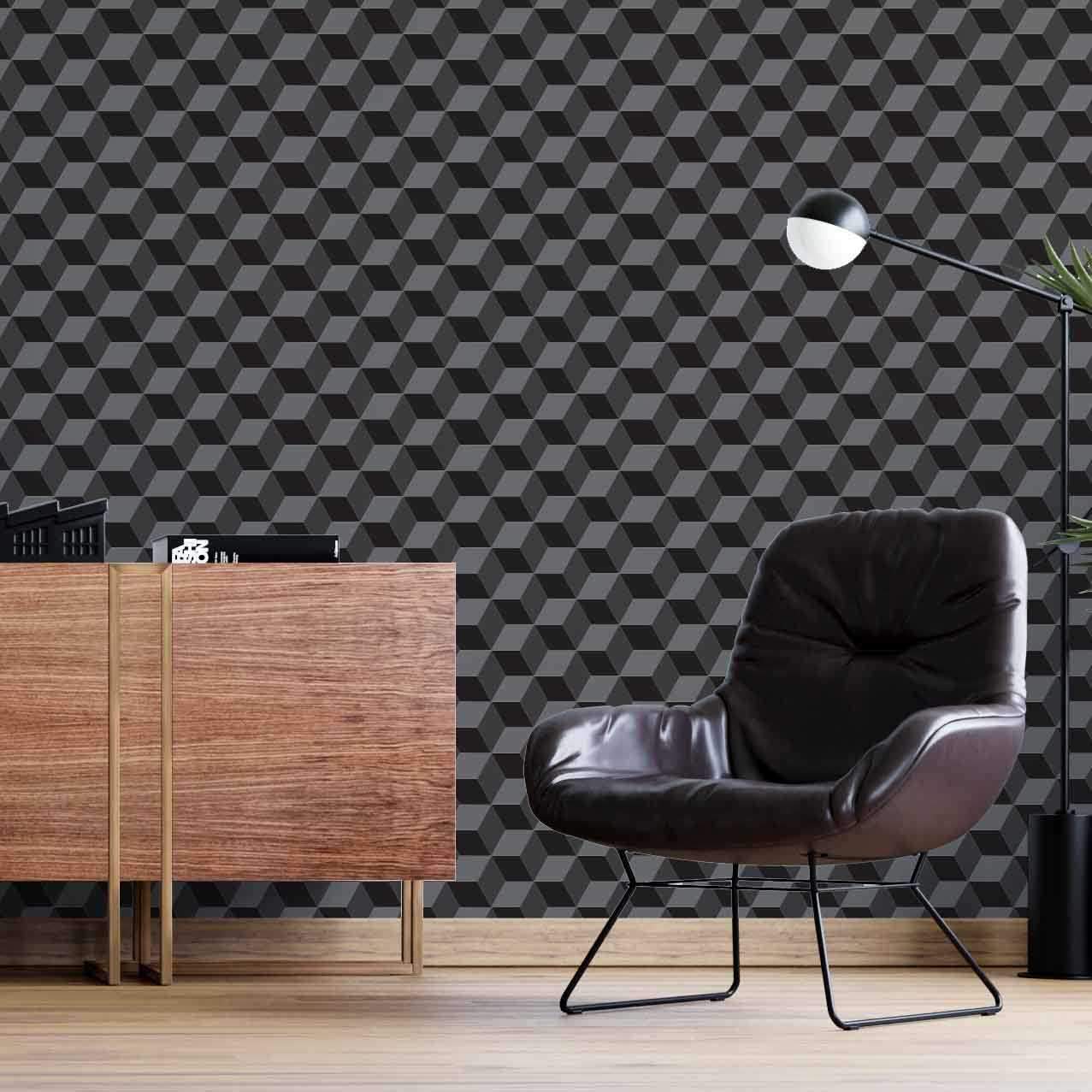 PAPEL DE PAREDE HEXAGONAL QUADRADO 3D PRETO COM CINZA