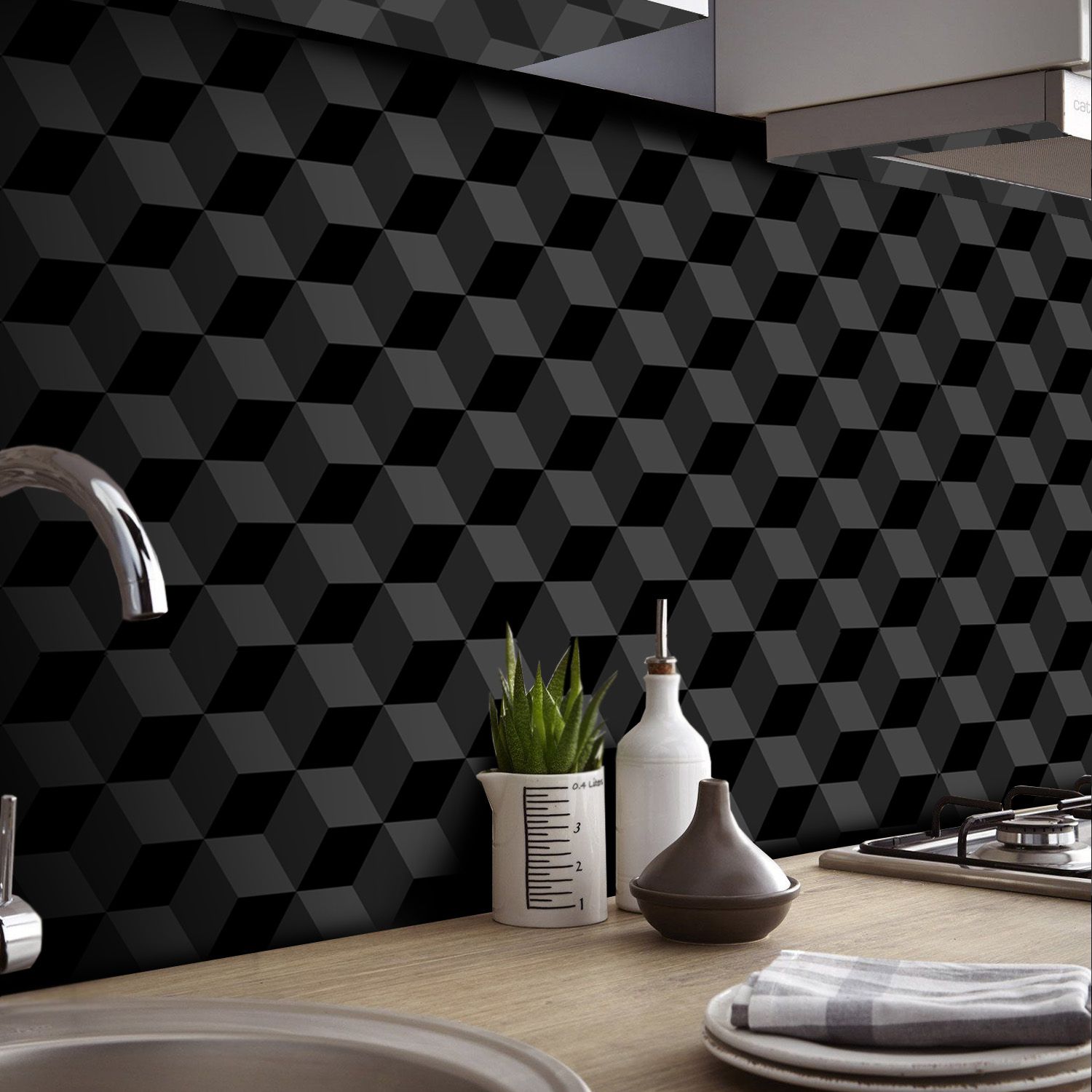 PAPEL DE PAREDE HEXAGONAL QUADRADO 3D PRETO COM CINZA