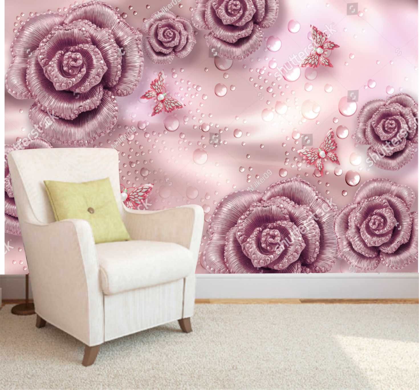 PAPEL DE PAREDE FLORES ROSAS COM BORBOLETAS FUNDO ROSA
