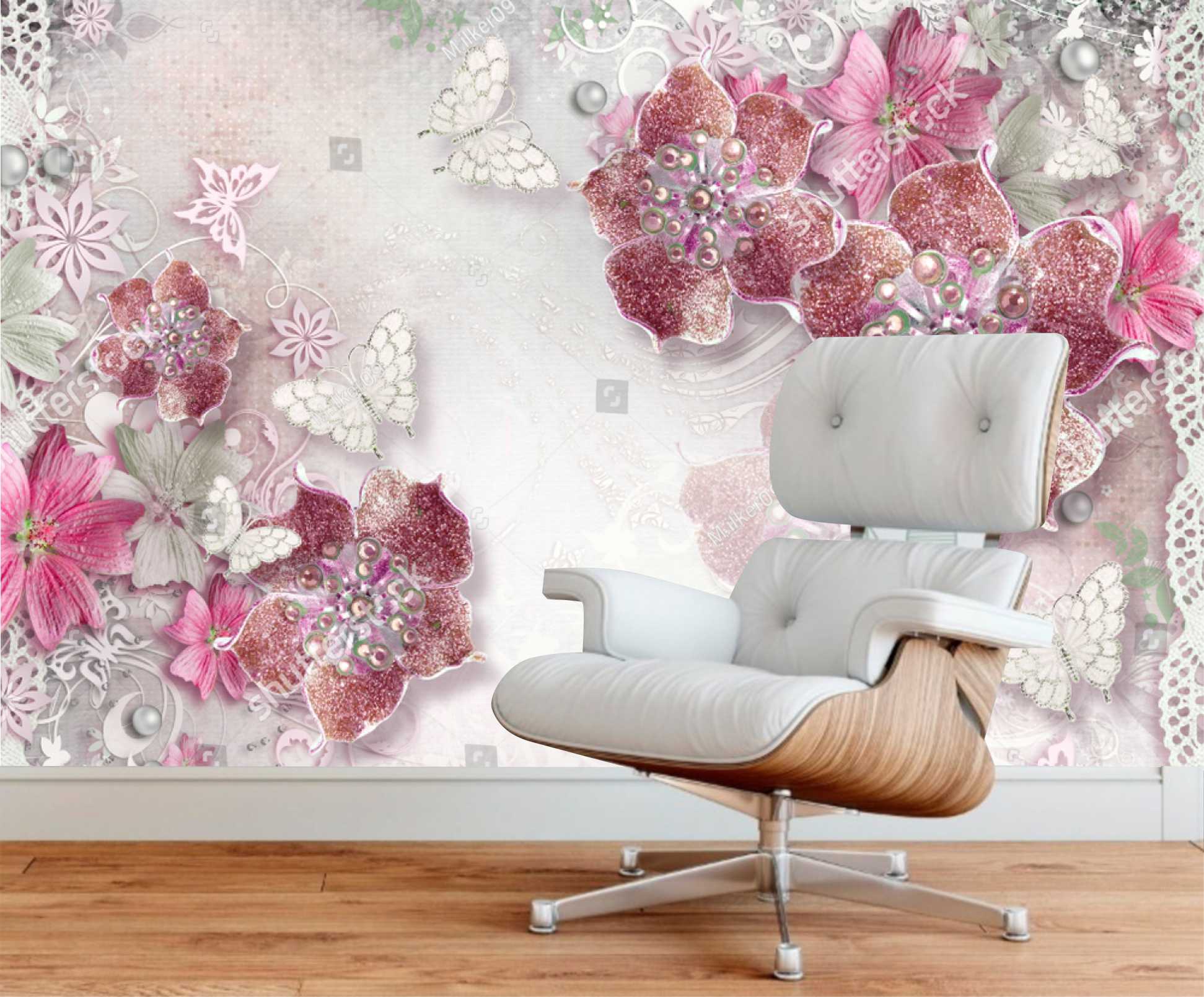 PAPEL DE PAREDE FLORES BORBOLETAS 3D