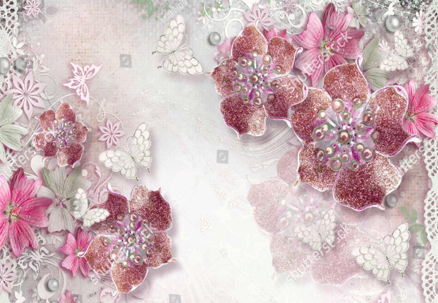 PAPEL DE PAREDE FLORES BORBOLETAS 3D