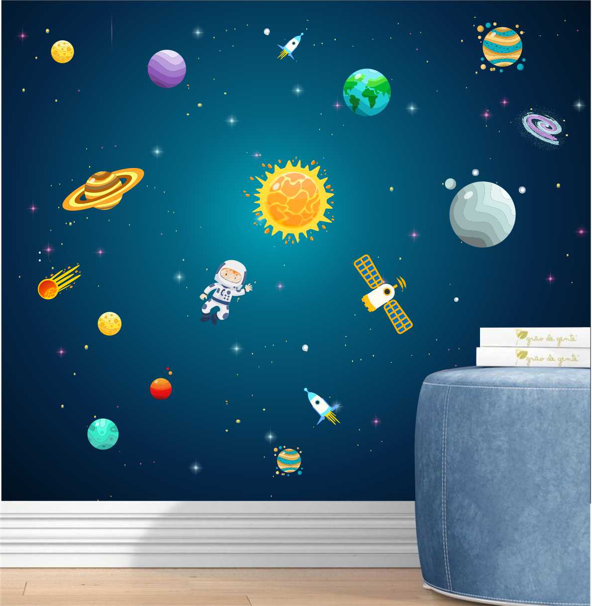 PAPEL DE PAREDE ASTRONAUTAS ESPAÇO SIDERAL FOGUETE
