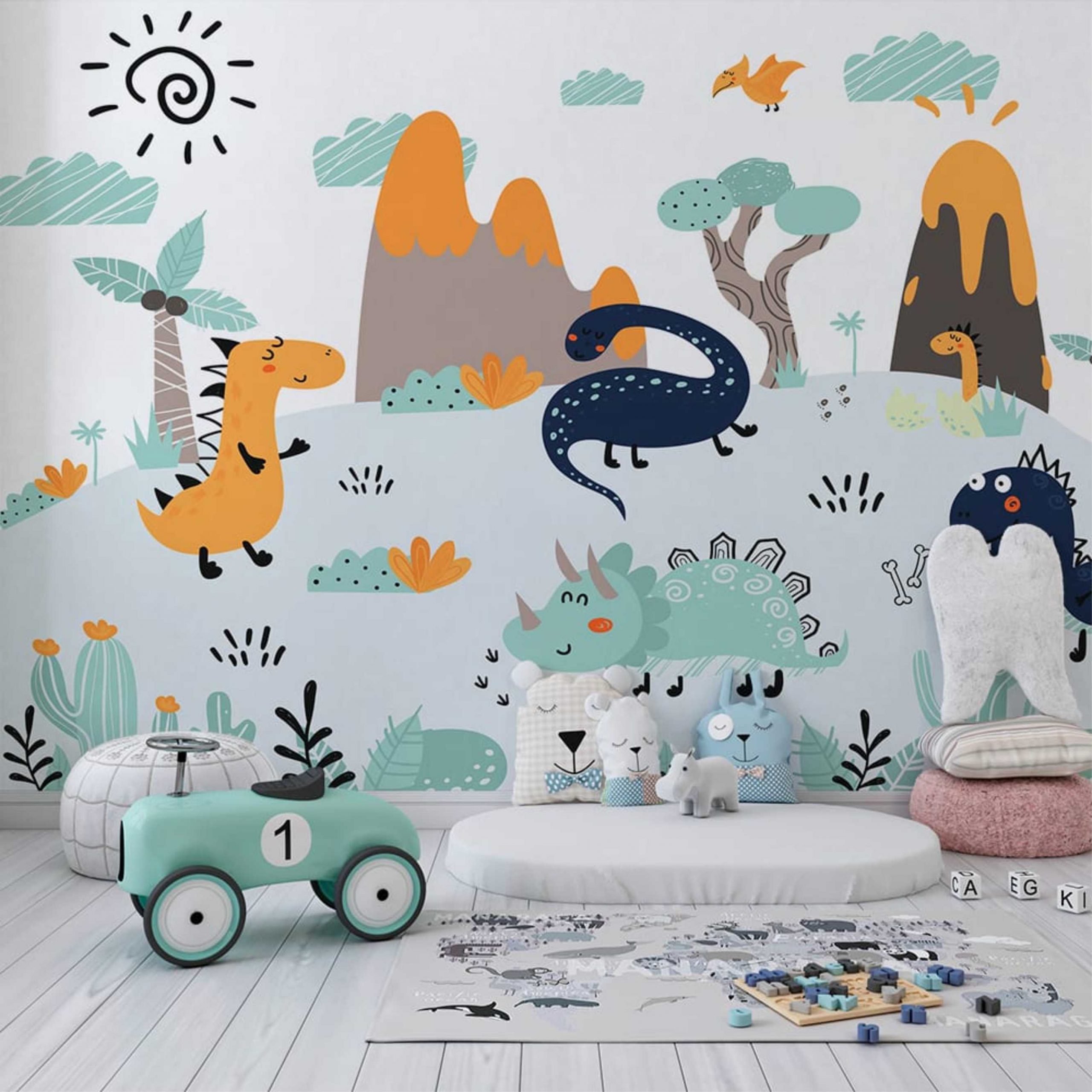 Papel de parede infantil Dinossauros verde