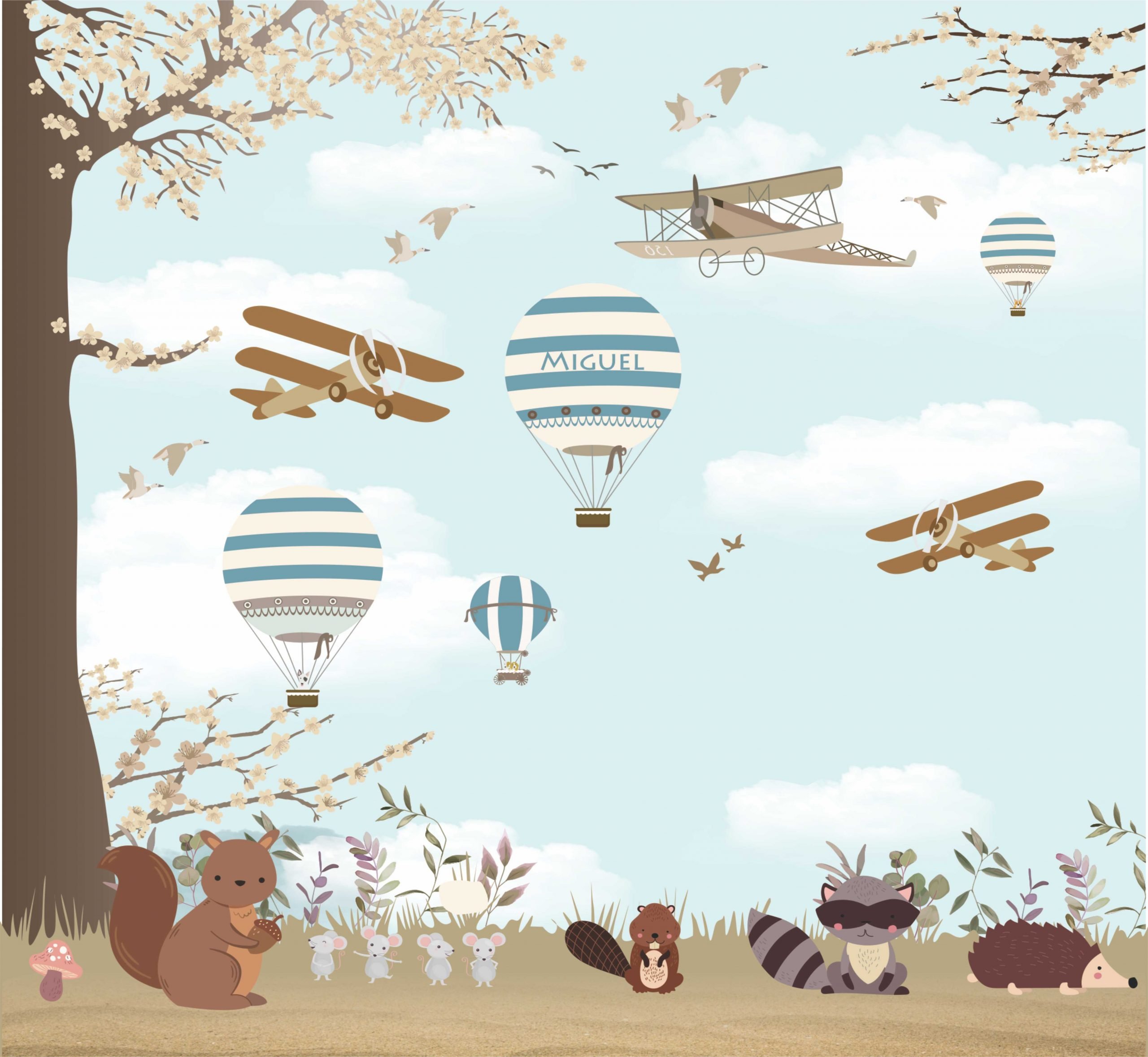 PAPEL DE PAREDE BALÕES AVIÕES E ANIMAIS