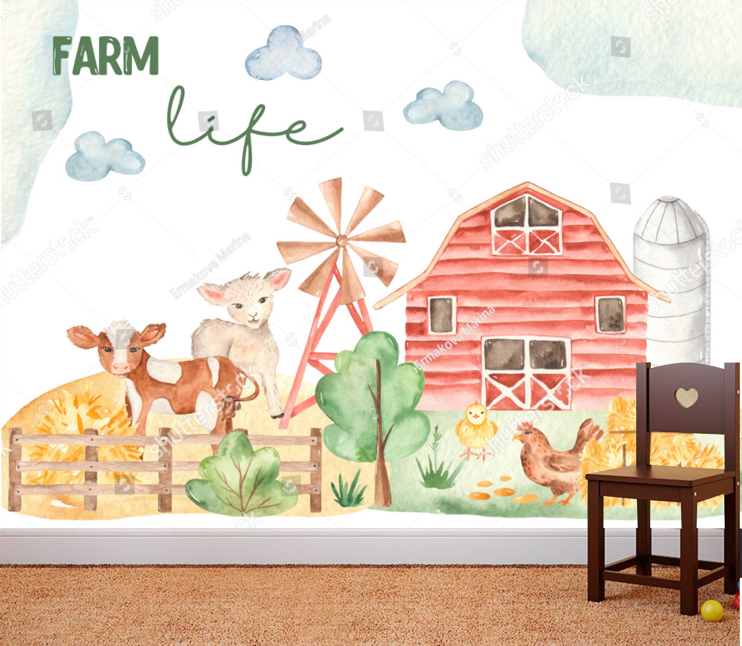 PAPEL DE PAREDE FAZENDA ANIMAIS AQUARELA