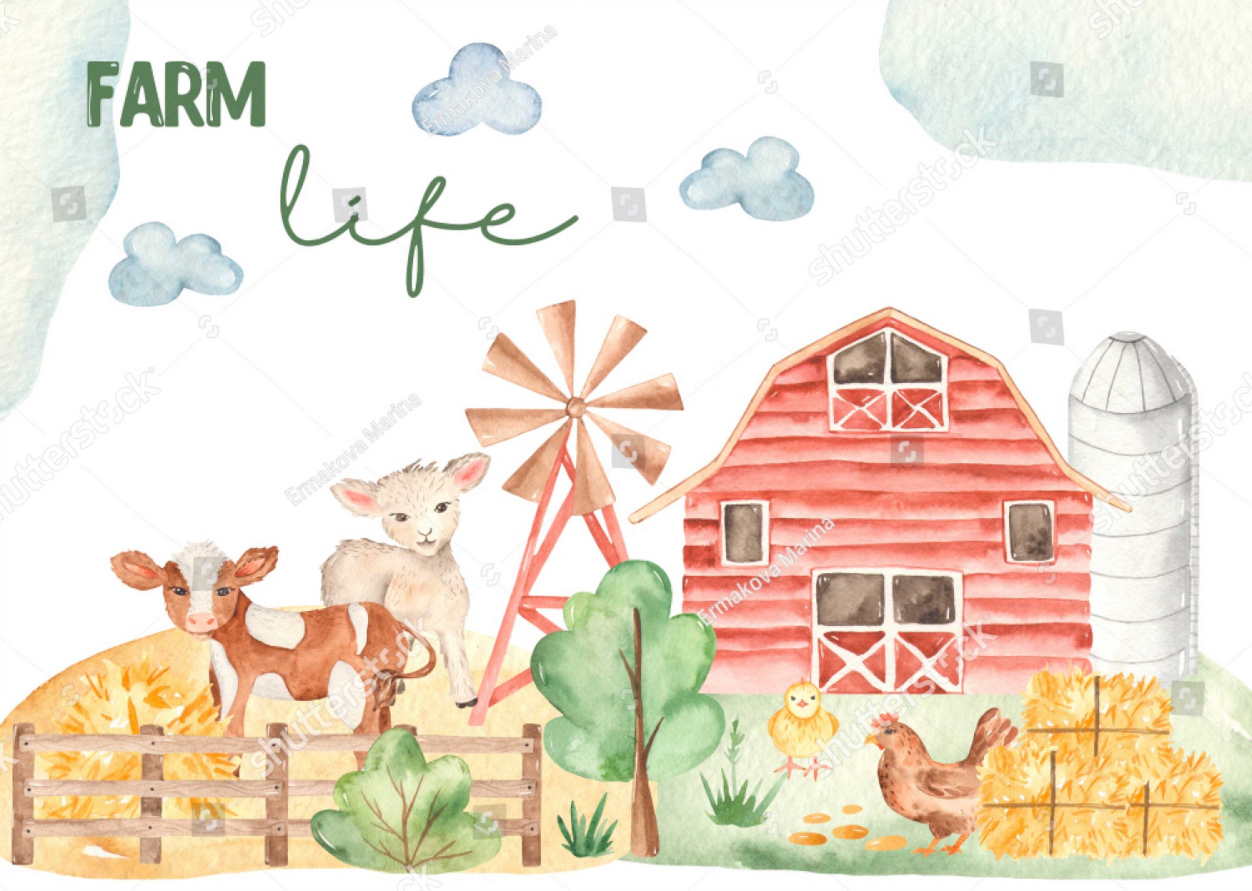 PAPEL DE PAREDE FAZENDA ANIMAIS AQUARELA