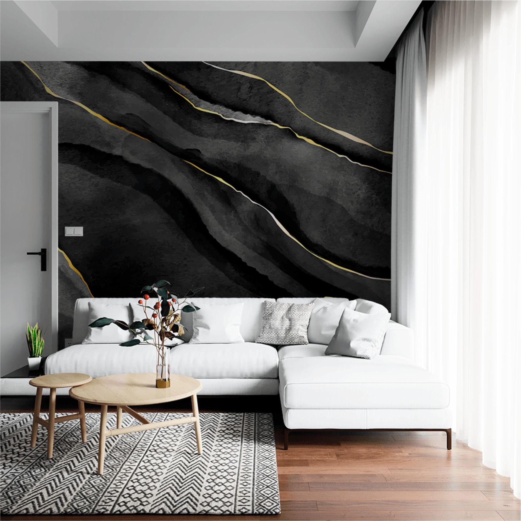 PAPEL DE PAREDE MARMORE PRETO COM DOURADO