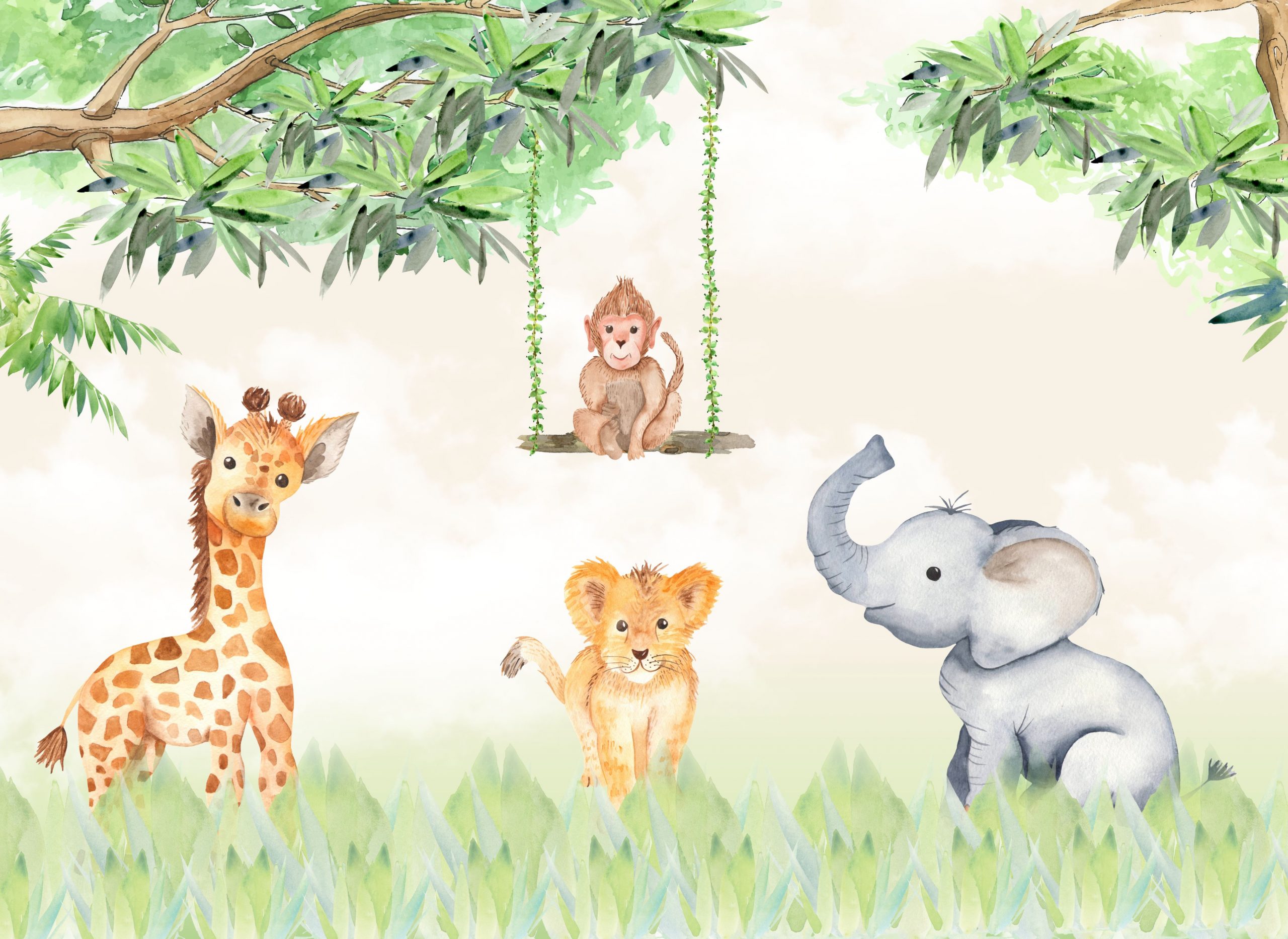 PAPEL DE PAREDE SAFARI ANIMAIS INFANTIL AQUARELA