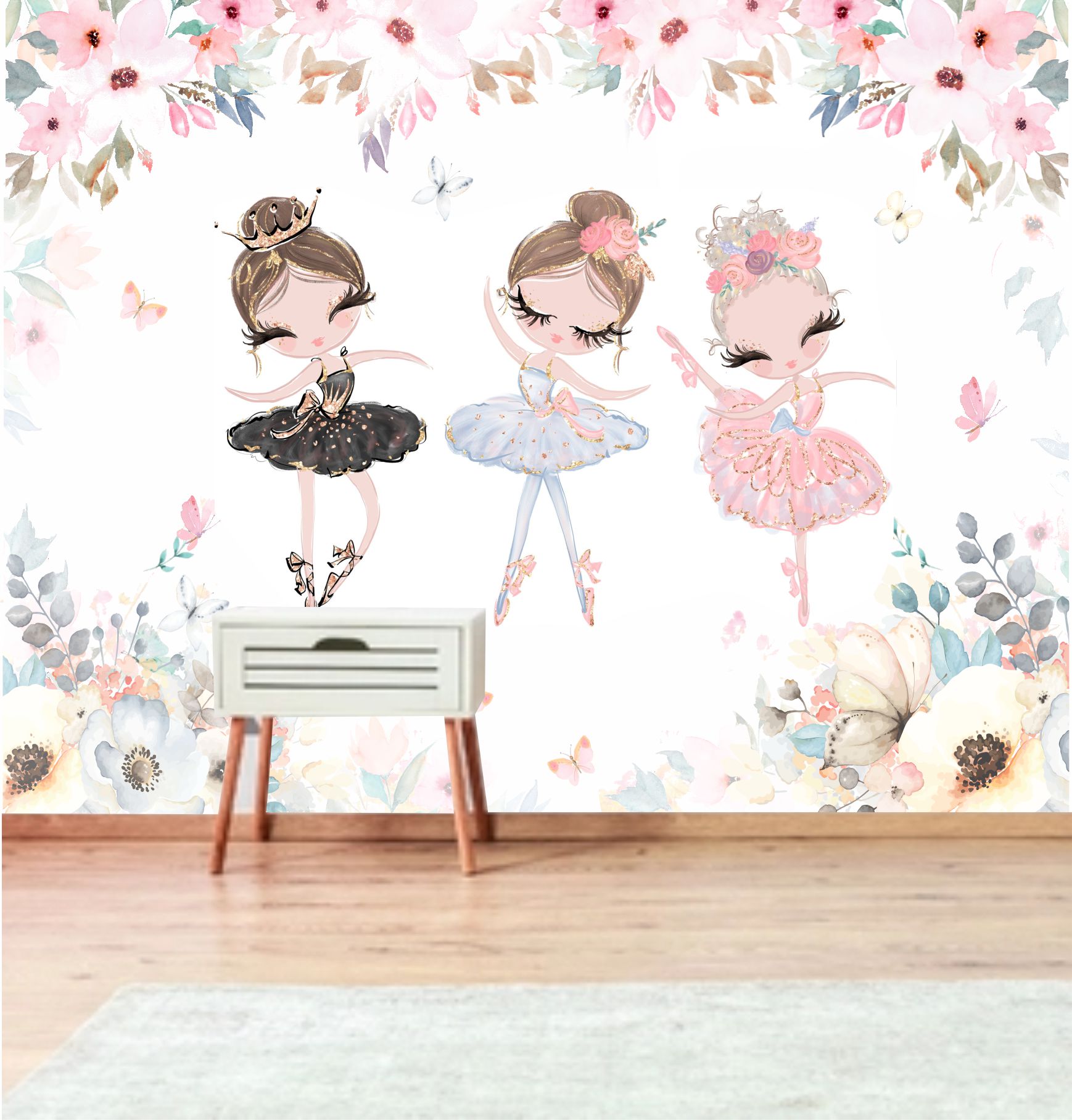 PAPEL DE PAREDE BAILARINAS COM FLORES E BORBOLETAS AQUARELA