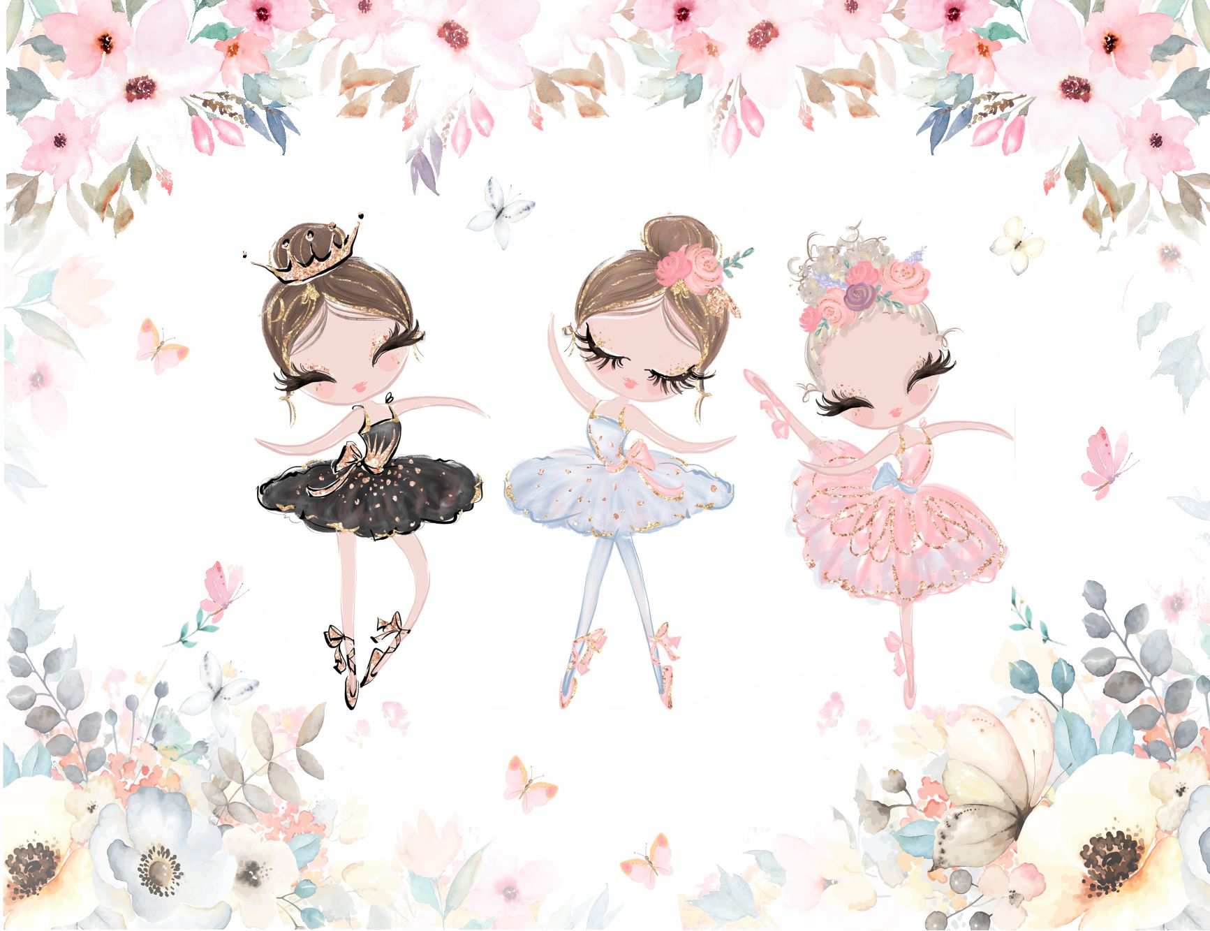 PAPEL DE PAREDE BAILARINAS COM FLORES E BORBOLETAS AQUARELA