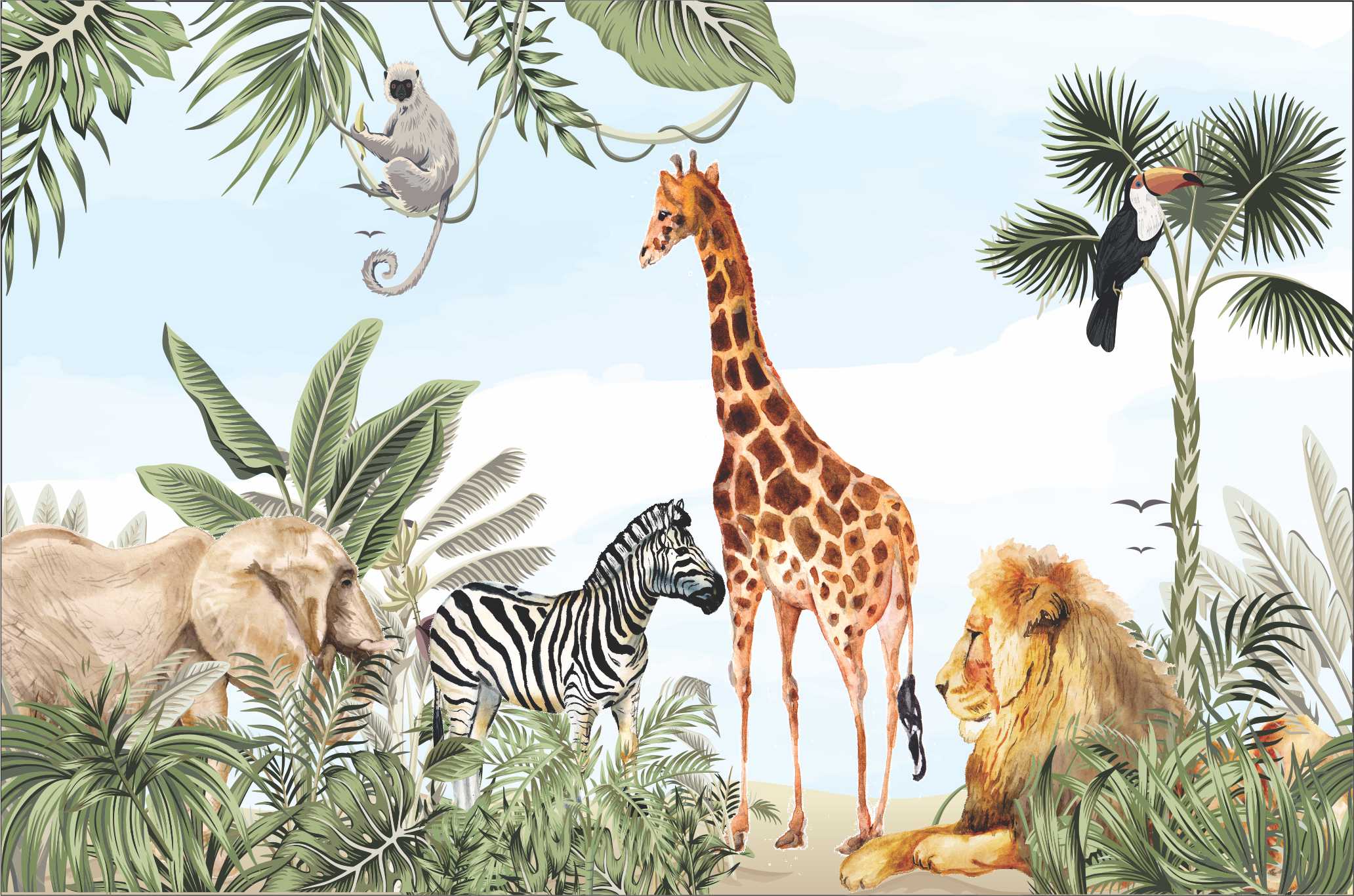PAPE DE PAREDE SAFARI INFANTIL AQUARELA