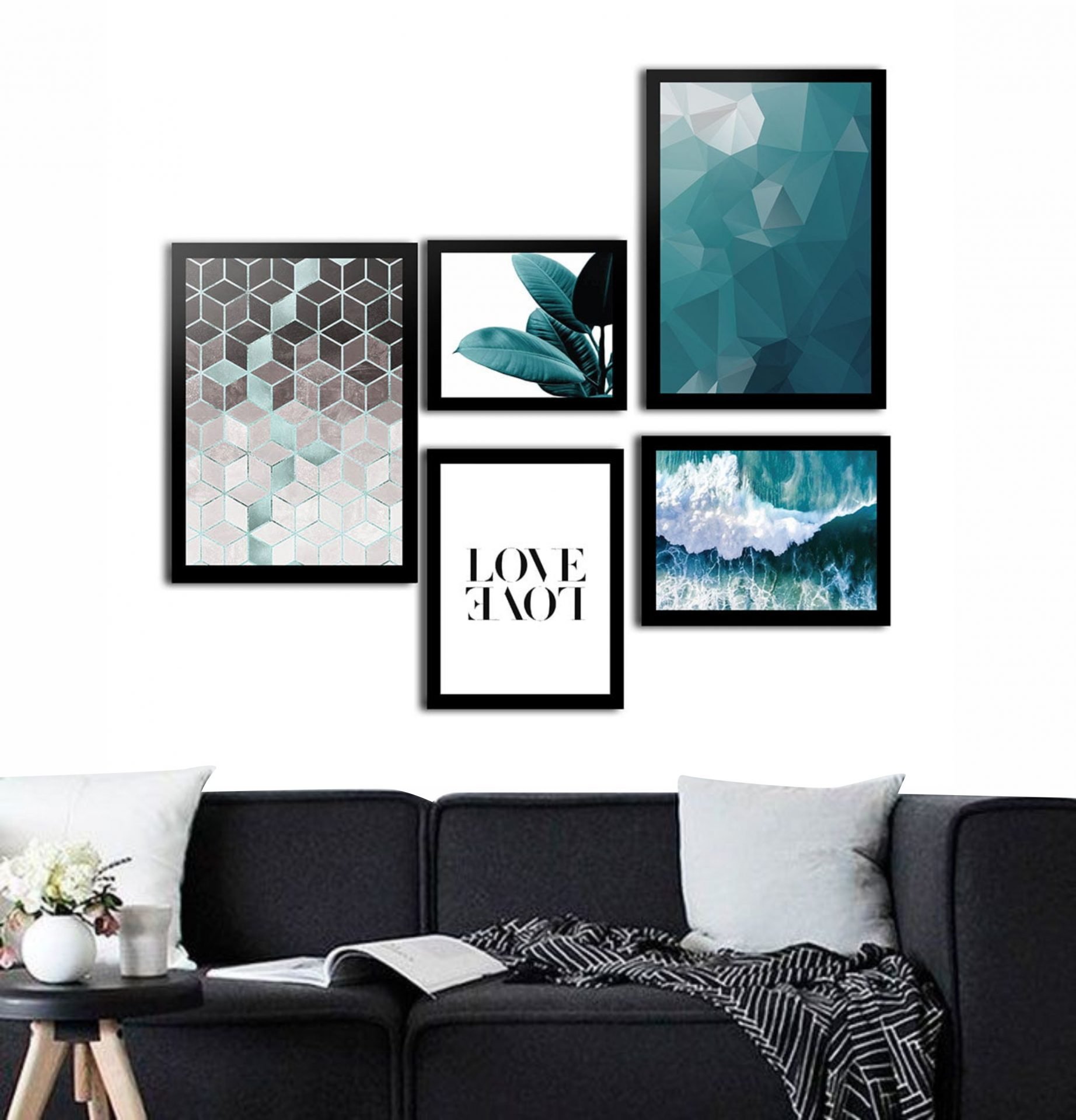 QUADRO LOVE E LOVE ABSTRATO E PASSAGENS TONS DE VERDE