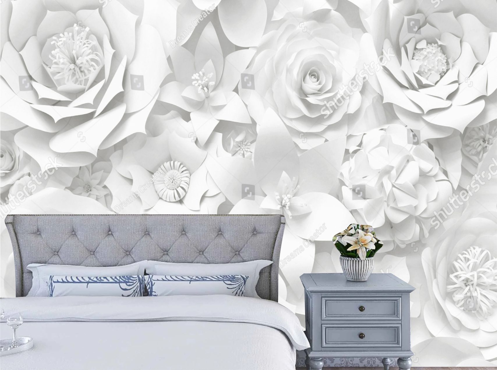 PAPEL DE PAREDE FLORES 3D BRANCO CINZA