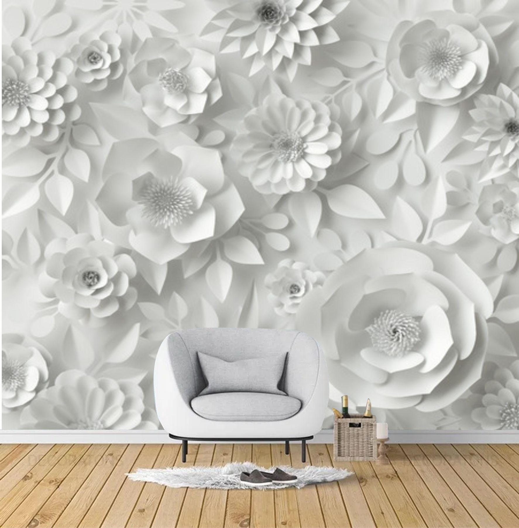 PAPEL DE PA REDE FLORES 3D TONS DE CINZA