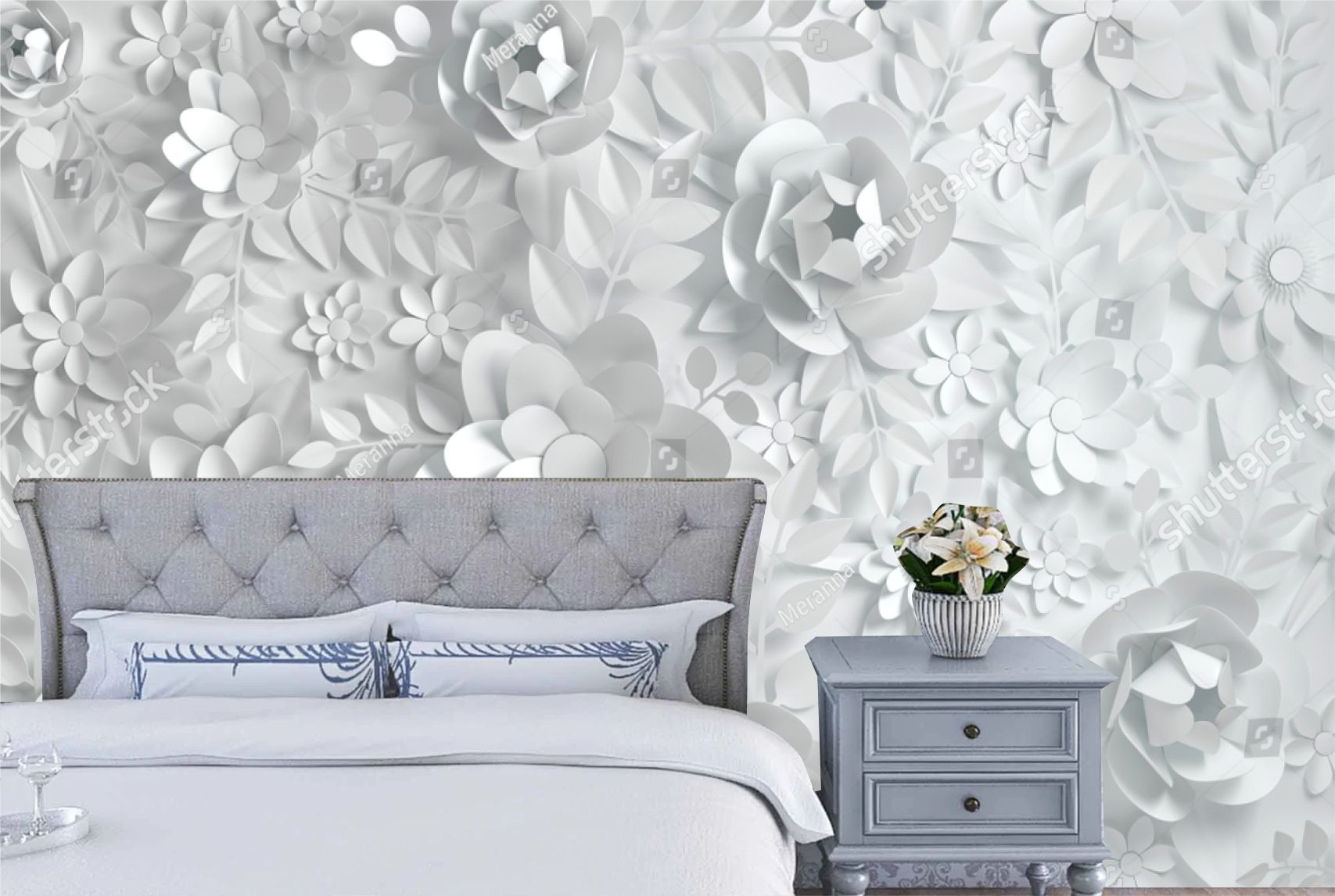 PAPEL DE PAREDE FLORES ROSAS BRANCAS 3D