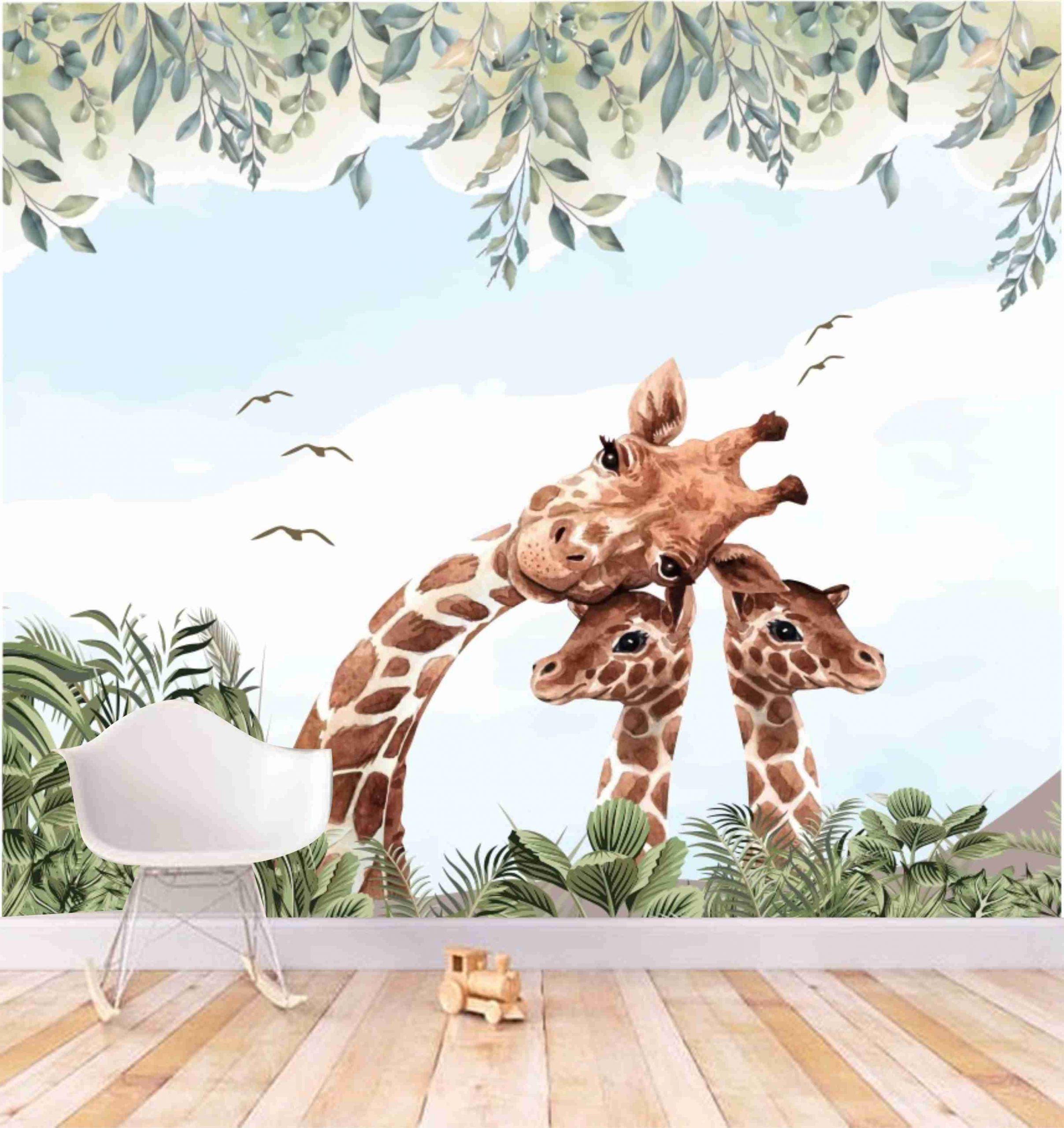 PAPEL PAREDE MÃO GIRAFA E FILHOS AQUARELA