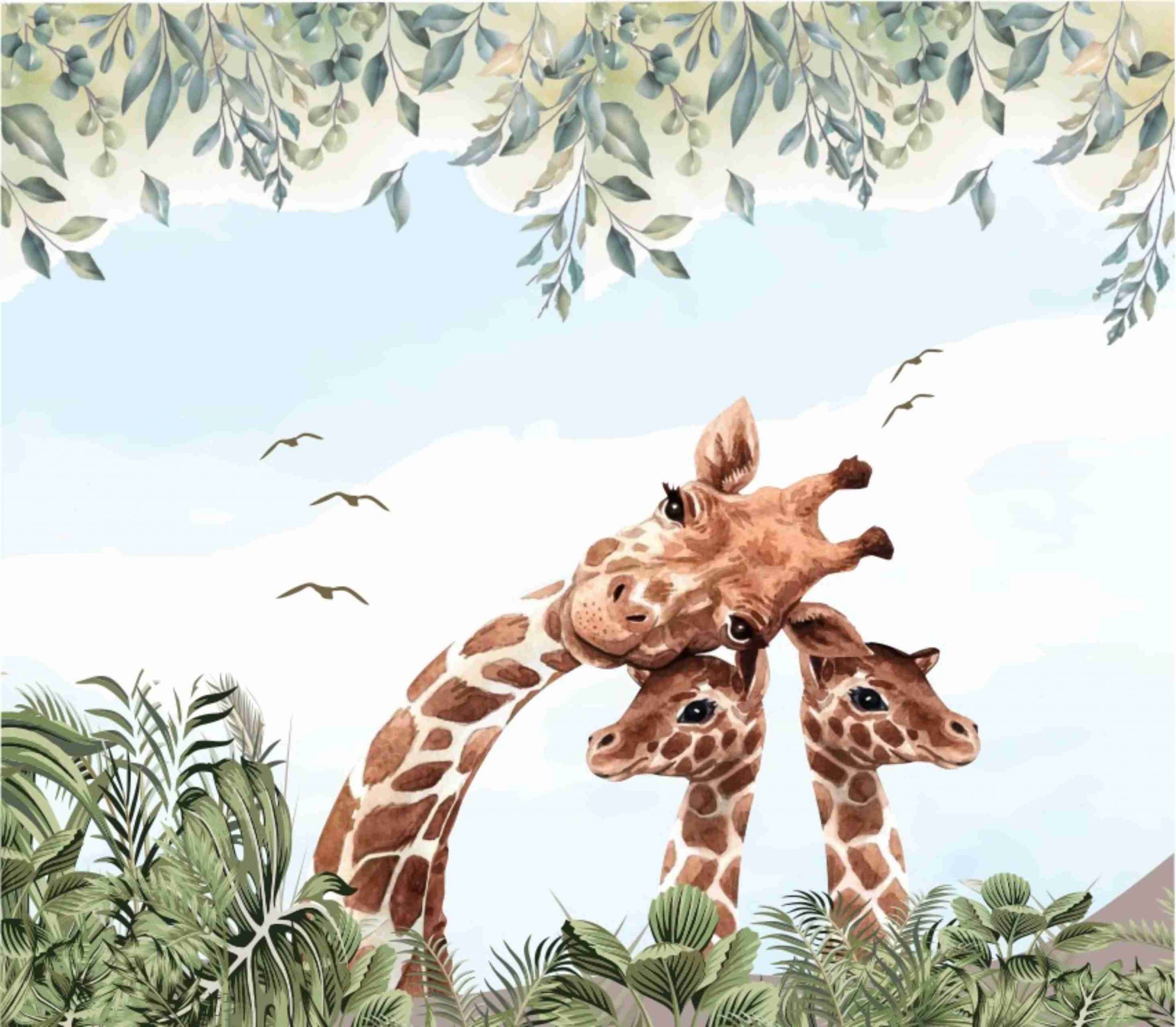 PAPEL PAREDE MÃO GIRAFA E FILHOS AQUARELA