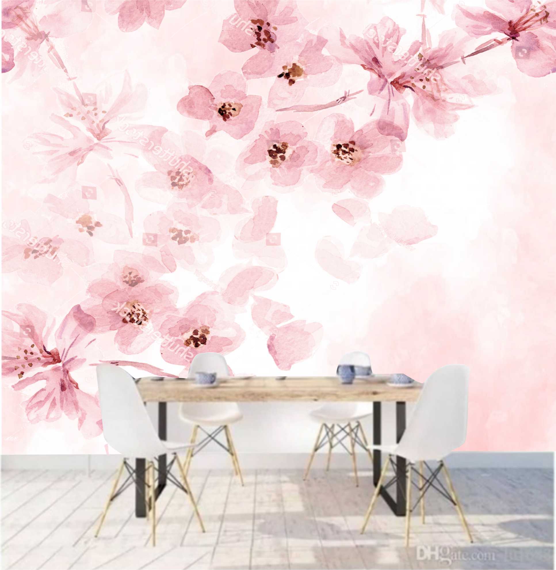 PAPEL DE PAREDE FLORES AQUARELA FUNDO ROSA