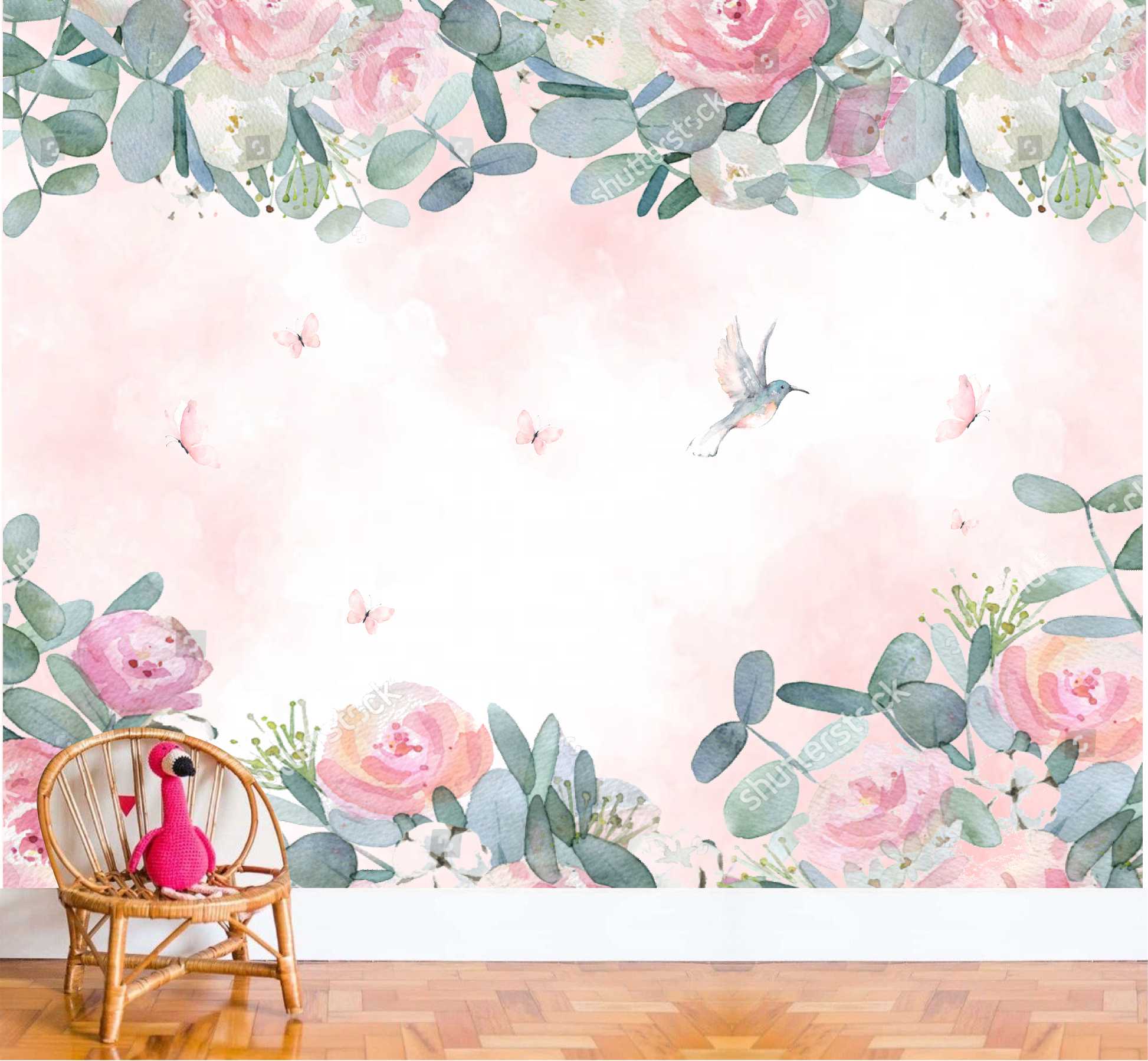 PAPEL DE PAREDE FLORES AQUARELA BEIJA FLOR E BORBOLETAS
