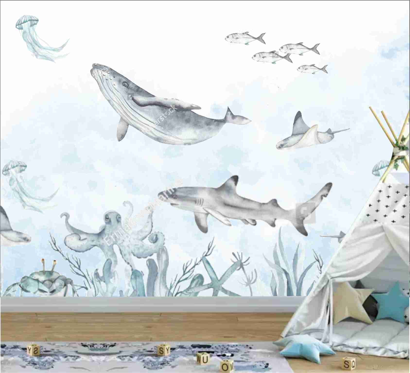 PAPEL DE PAREDE FUNDO DO MAR AQUARELA COM TUBARÕES
