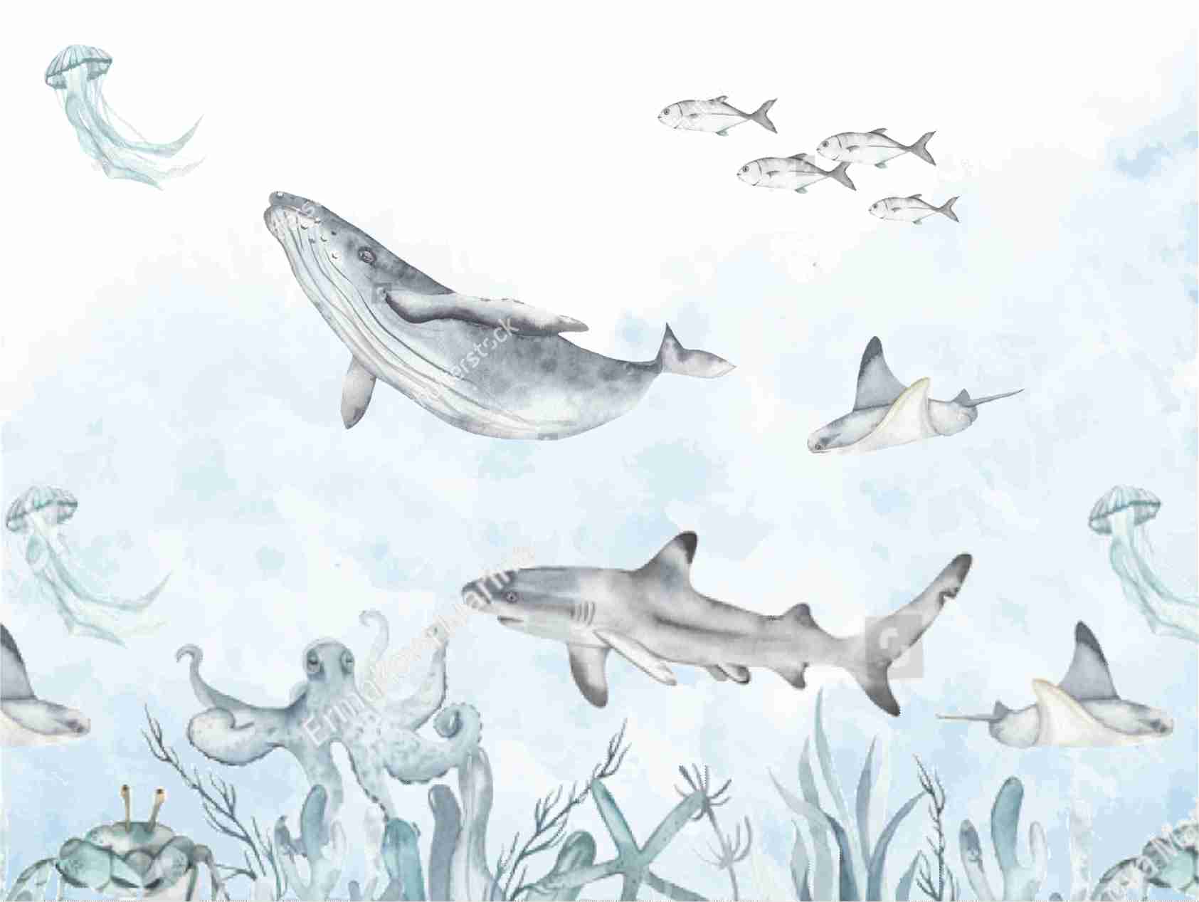 PAPEL DE PAREDE FUNDO DO MAR AQUARELA COM TUBARÕES