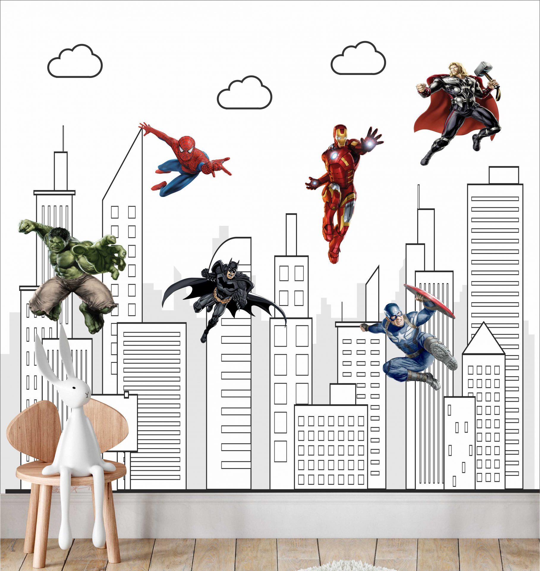 PAPEL DE PAREDE HEROIS MARVEL VINGADORES COM PREDIOS