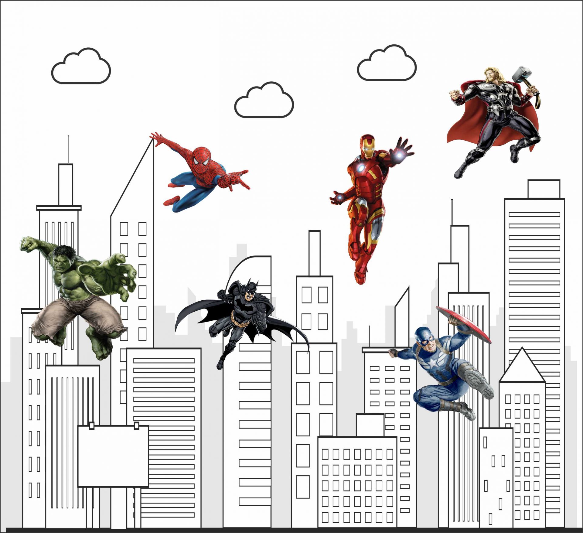 PAPEL DE PAREDE HEROIS MARVEL VINGADORES COM PREDIOS