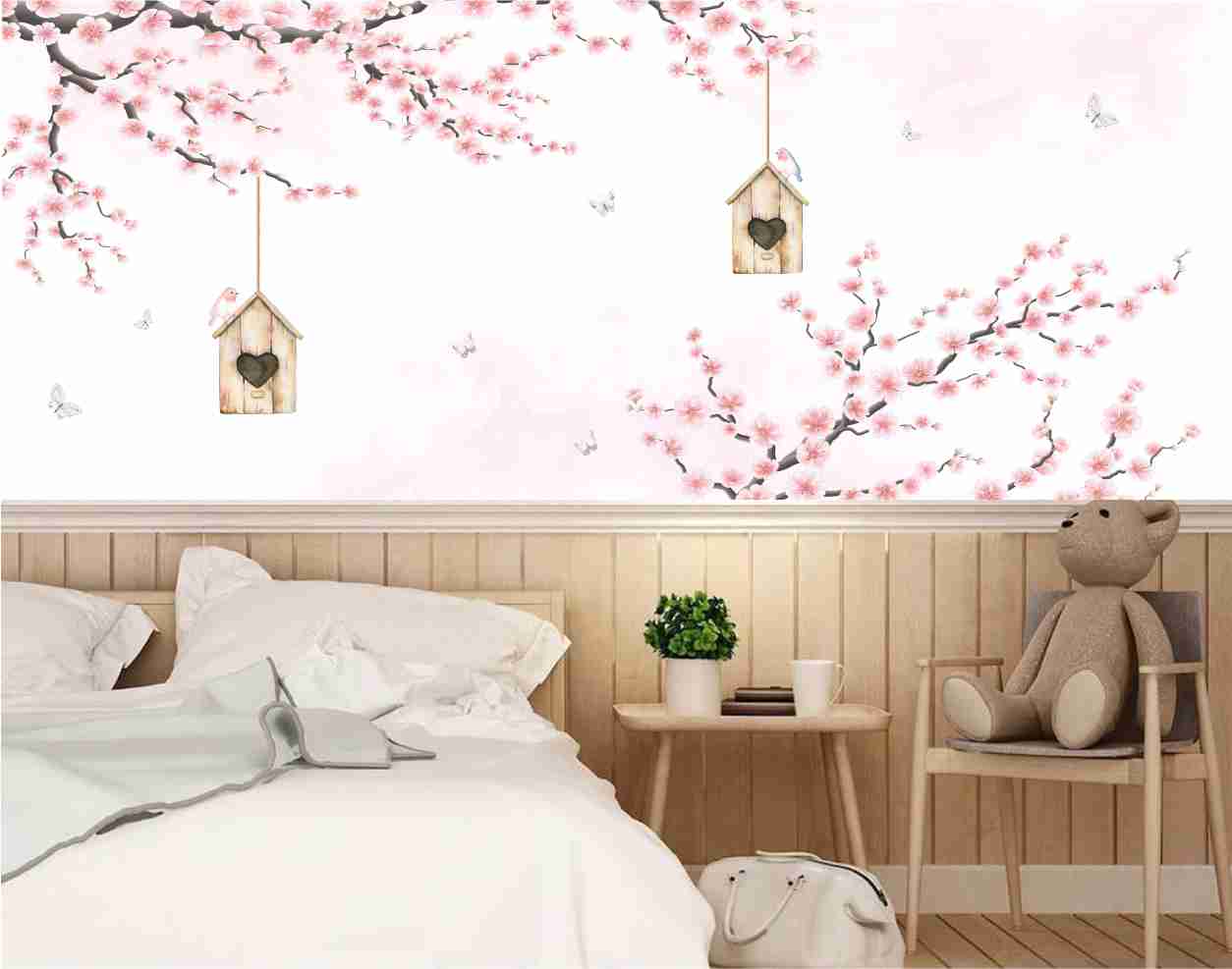 PAPEL DE PAREDE FLORES CEREJEIRA COM GAIOLAS AQUARELA