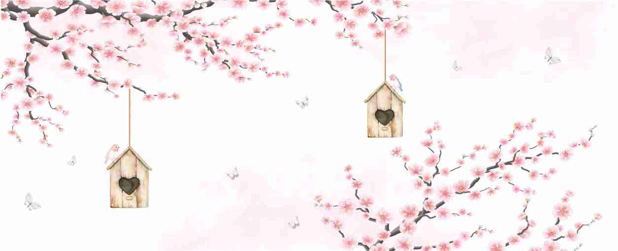 PAPEL DE PAREDE FLORES CEREJEIRA COM GAIOLAS AQUARELA