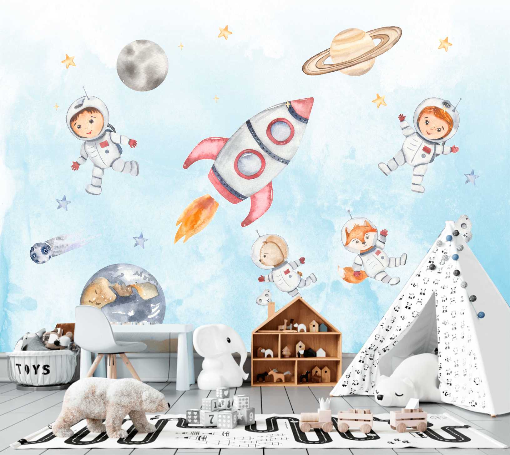 PAPEL DE PAREDE ASTRONAUTAS AQUARELA
