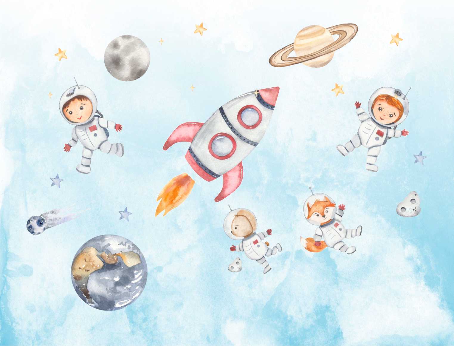 PAPEL DE PAREDE ASTRONAUTAS AQUARELA