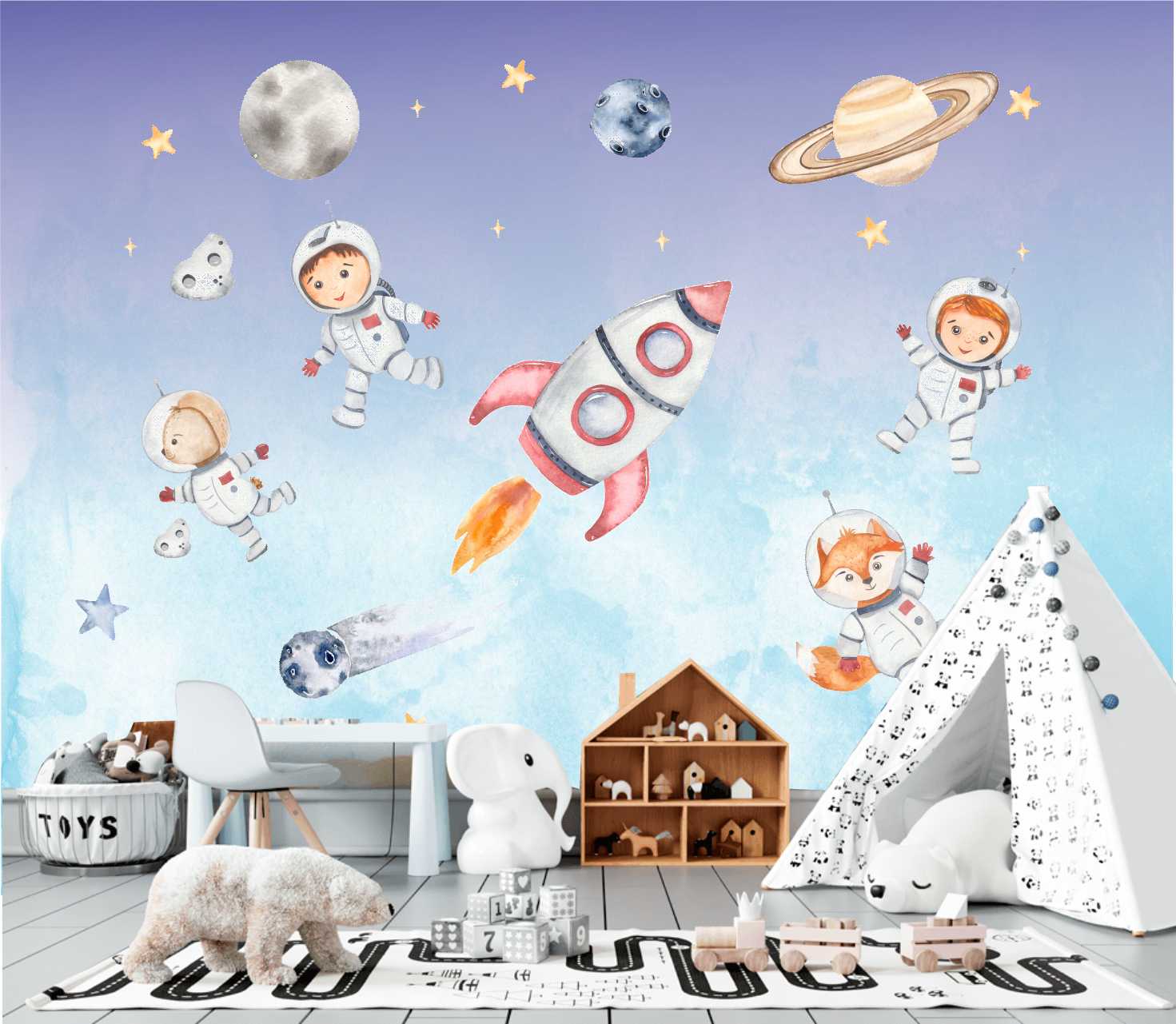 PAPEL DE PAREDE ASTRONAUTA SISTEMA SOLAR FOGUETE AQUARELA