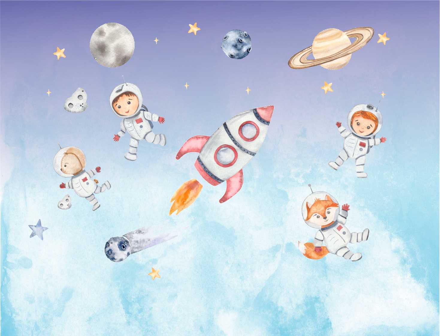 PAPEL DE PAREDE ASTRONAUTA SISTEMA SOLAR FOGUETE AQUARELA