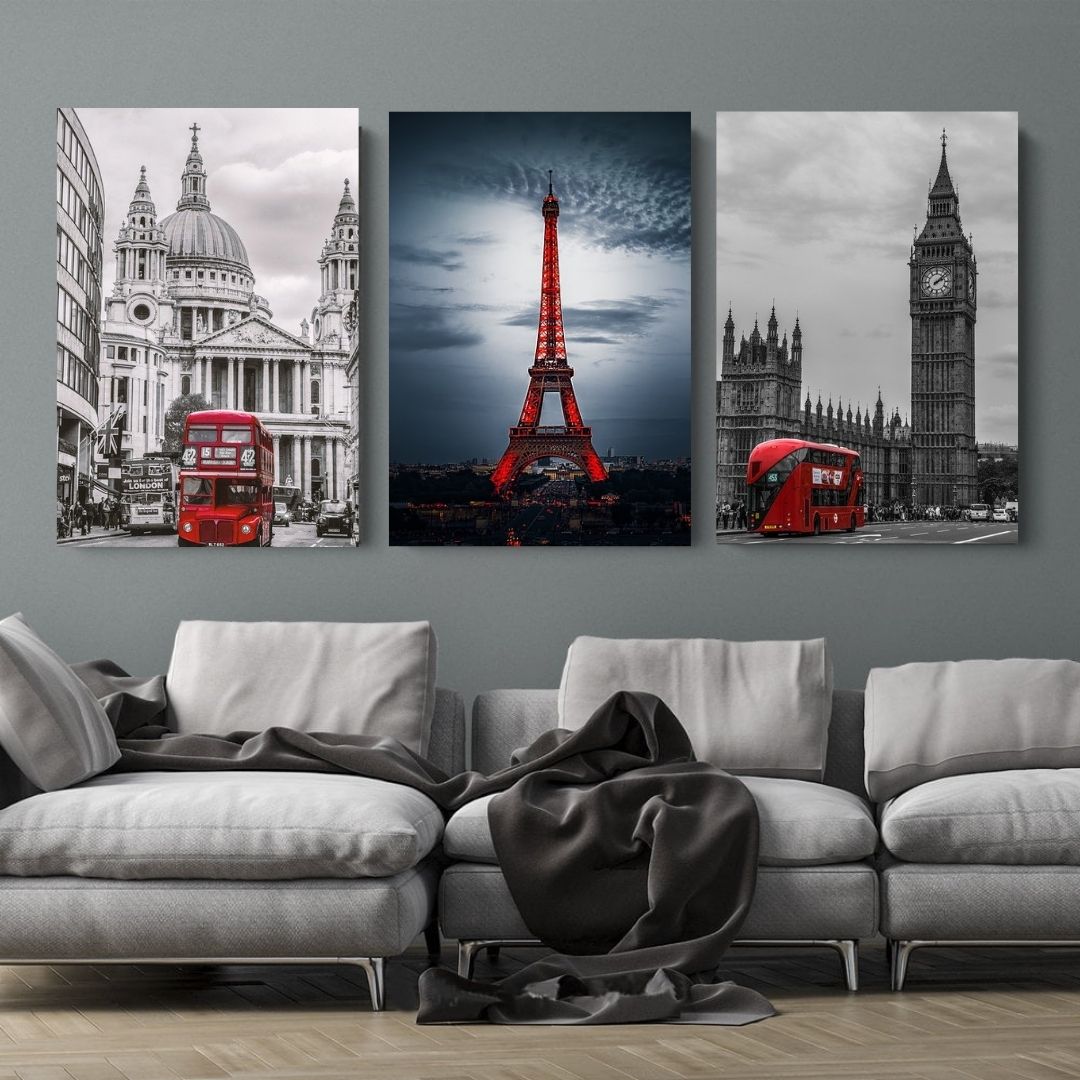 QUADRO CANVAS TELA PARIS PRETO E BRANCO COM VERMELHOR DETALHES