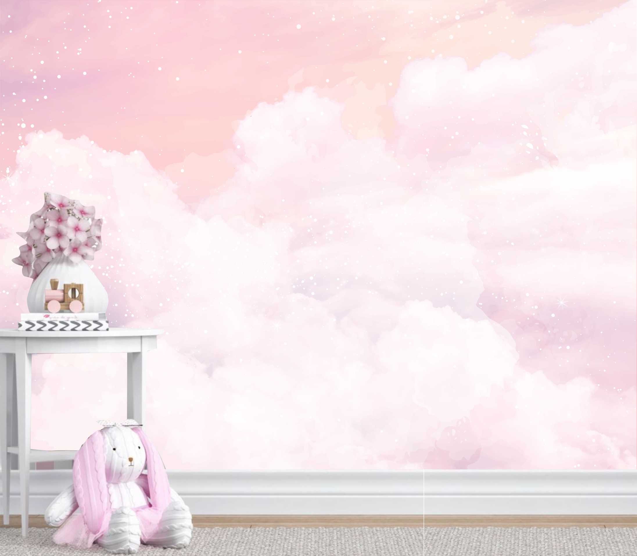 PAPEL DE PAREDE NUVENS AQUARELA TONS DE ROSA