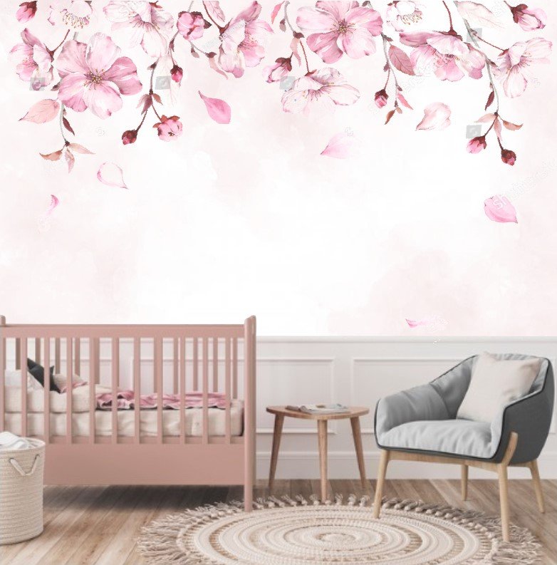 PAPEL DE PAREDE FLORES E FUNDO AQUARELA ROSA